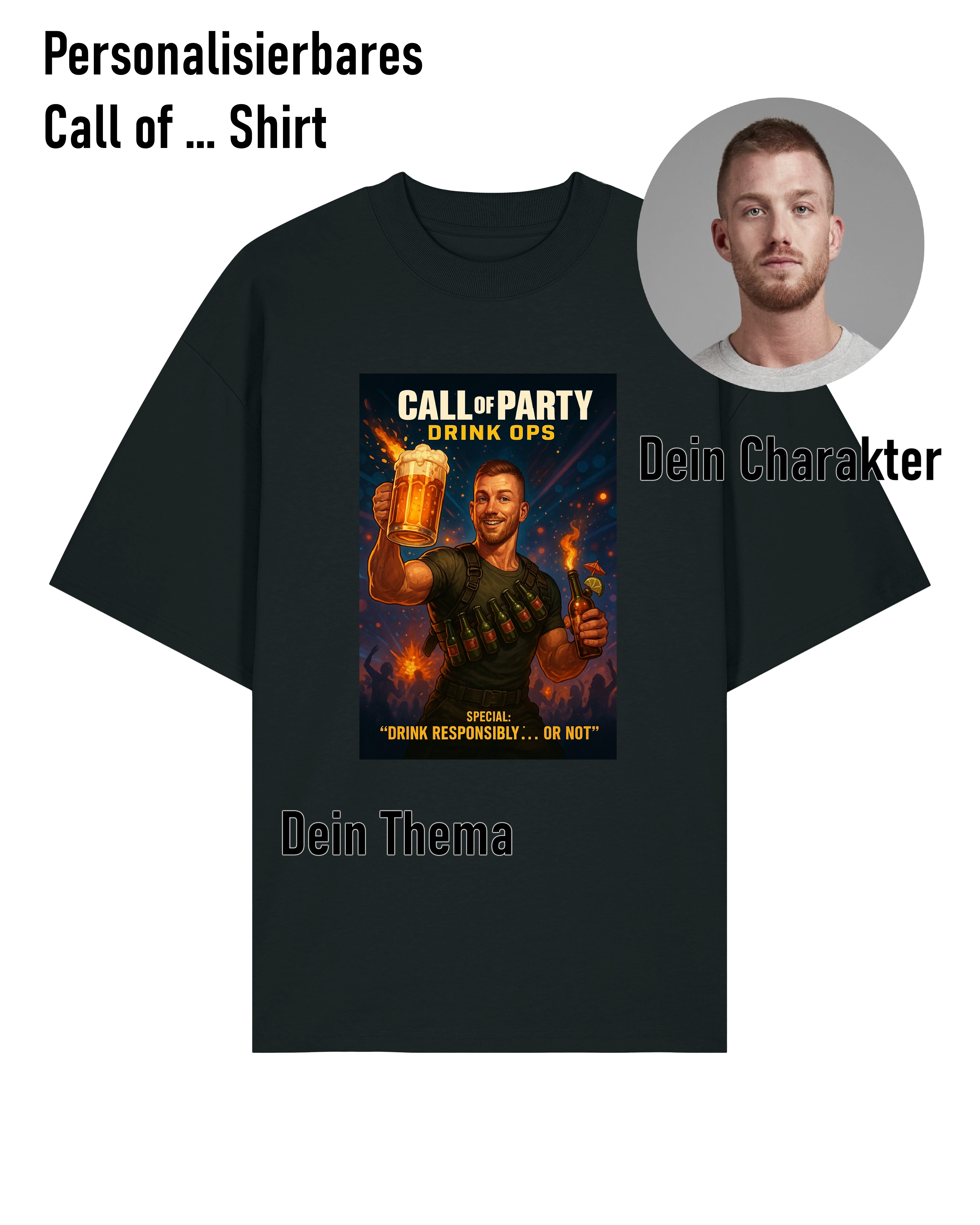 Personalisierbares T-Shirt im Gaming-Stil mit humorvollem Charakterdesign, inspiriert von Shooter-Spielen – finale Gestaltung durch den Shop.