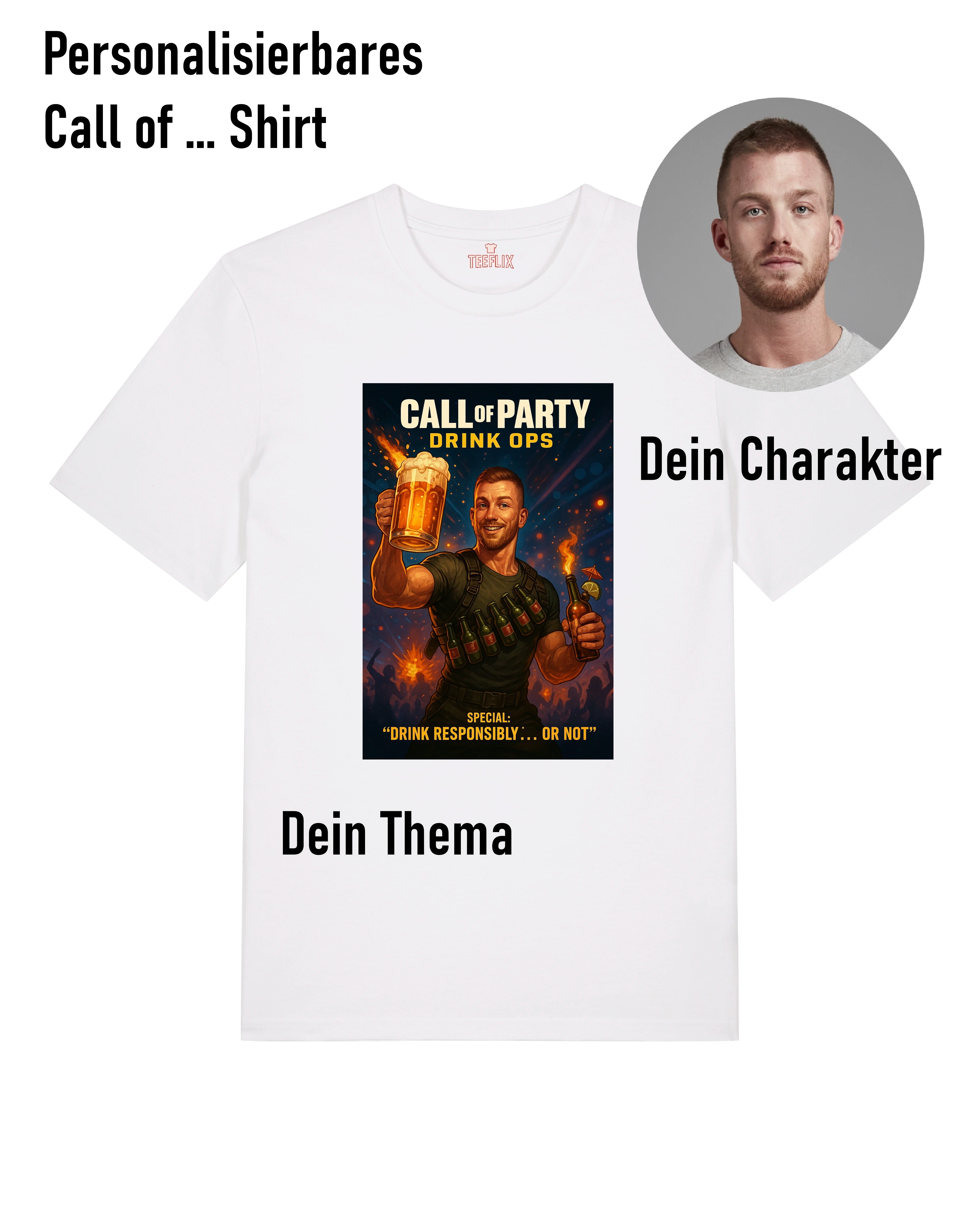 Personalisierbares T-Shirt im Gaming-Stil mit humorvollem Charakterdesign, inspiriert von Shooter-Spielen – finale Gestaltung durch den Shop.
