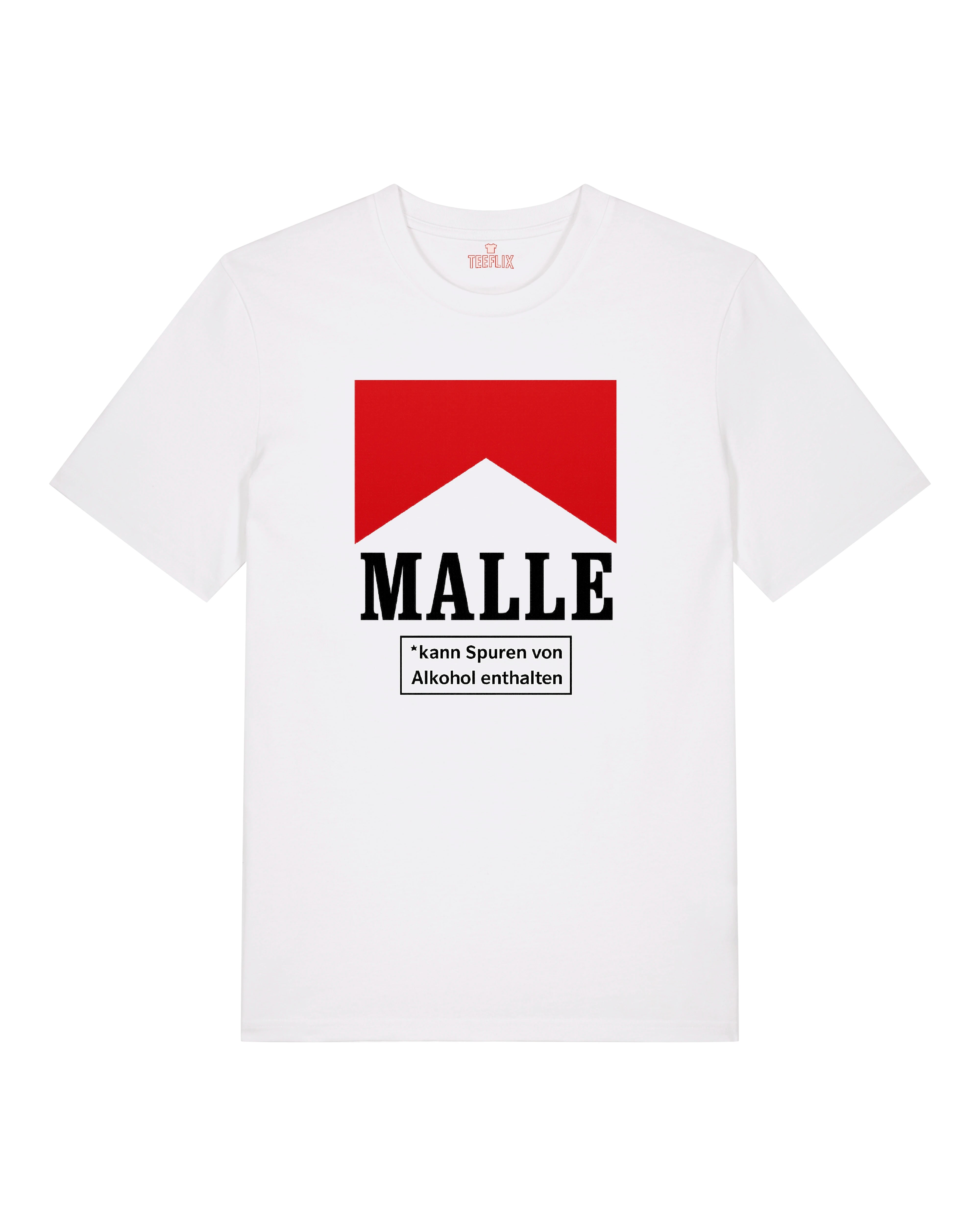 Weißes Malle T-Shirt mit rotem Symbol und Text „Kann Spuren von Alkohol enthalten“ – humorvolles Partymotiv.