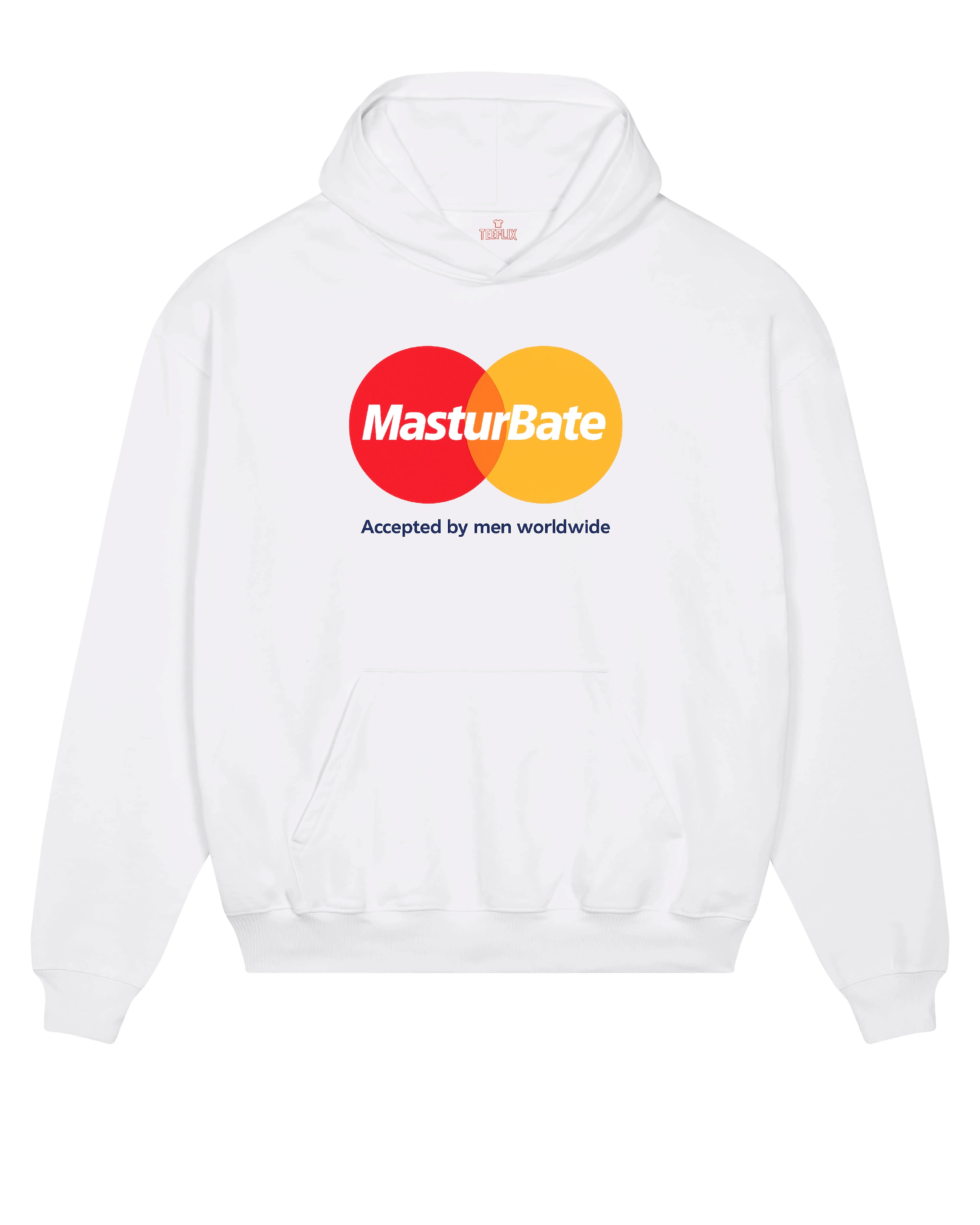 MasturBate Hoodie mit parodiertem Mastercard-Logo und dem Spruch „Accepted by men worldwide“ – in Weiß, Schwarz und Cremefarben.