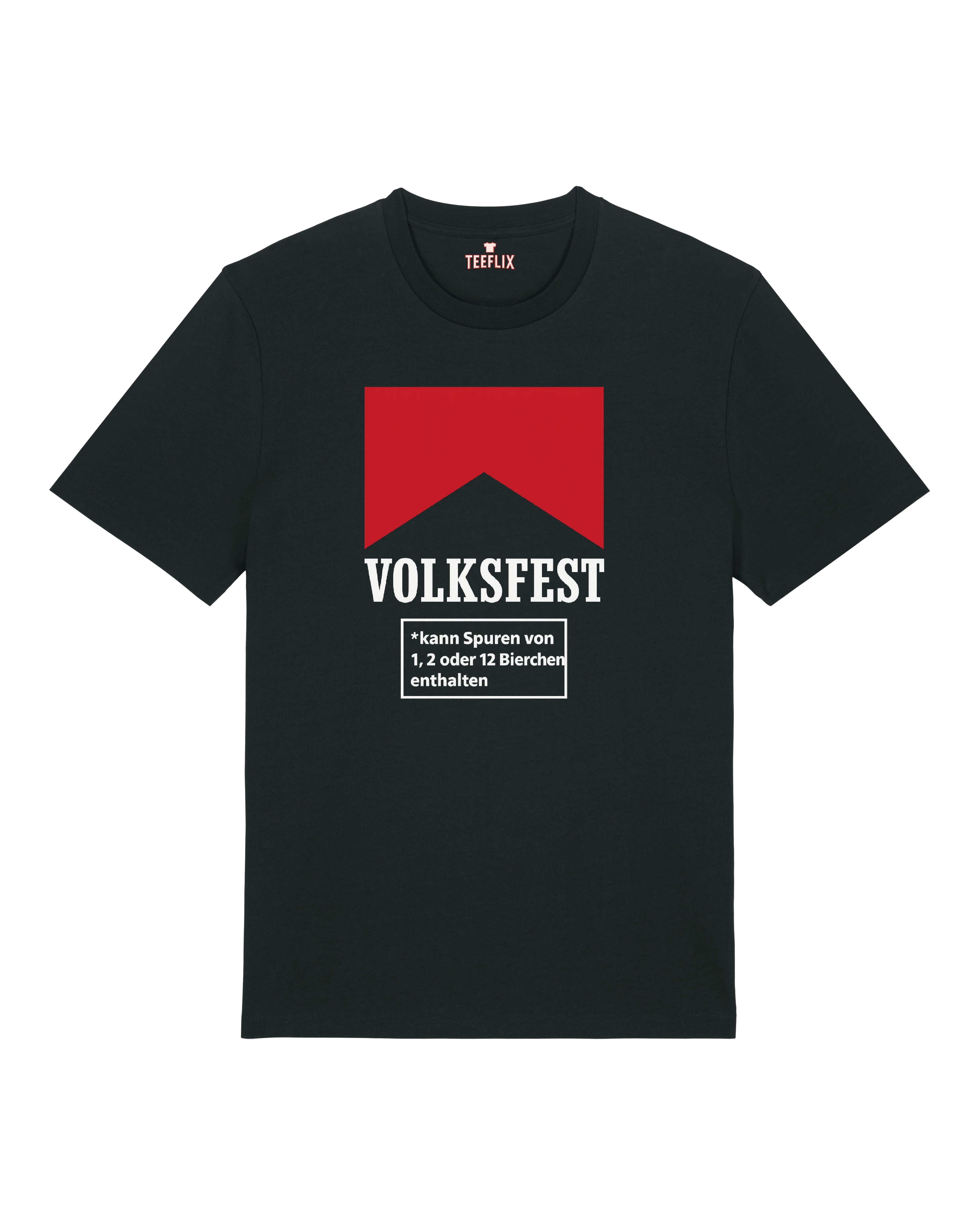 Schwarzes T-Shirt mit Aufdruck „Volksfest – kann Spuren von 1, 2 oder 12 Bierchen enthalten“ im witzigen Warnstil.