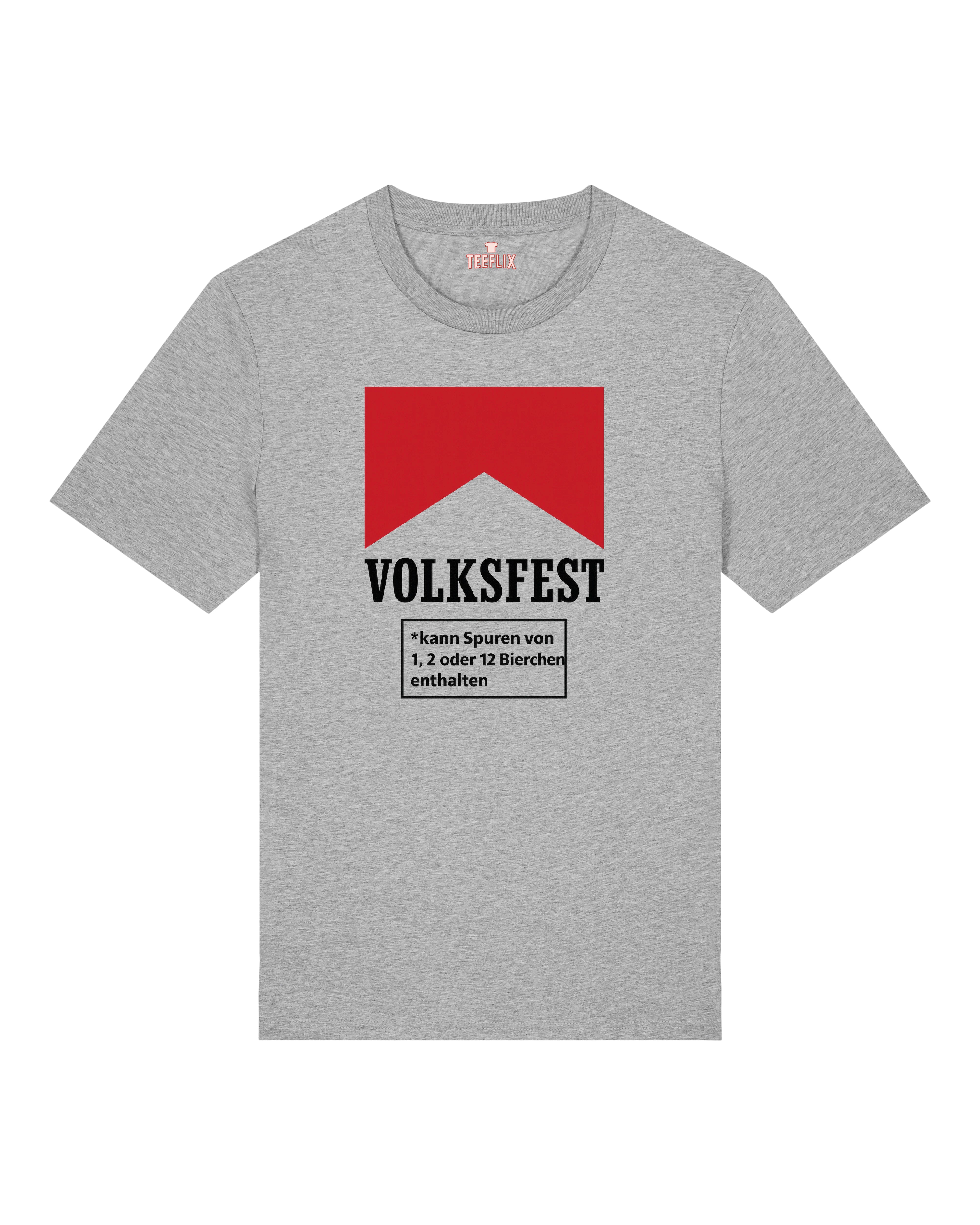 Graues Volksfest T-Shirt mit lustigem Bier-Spruch und rotem Symbol – Funshirt für Wiesn und Feste.
