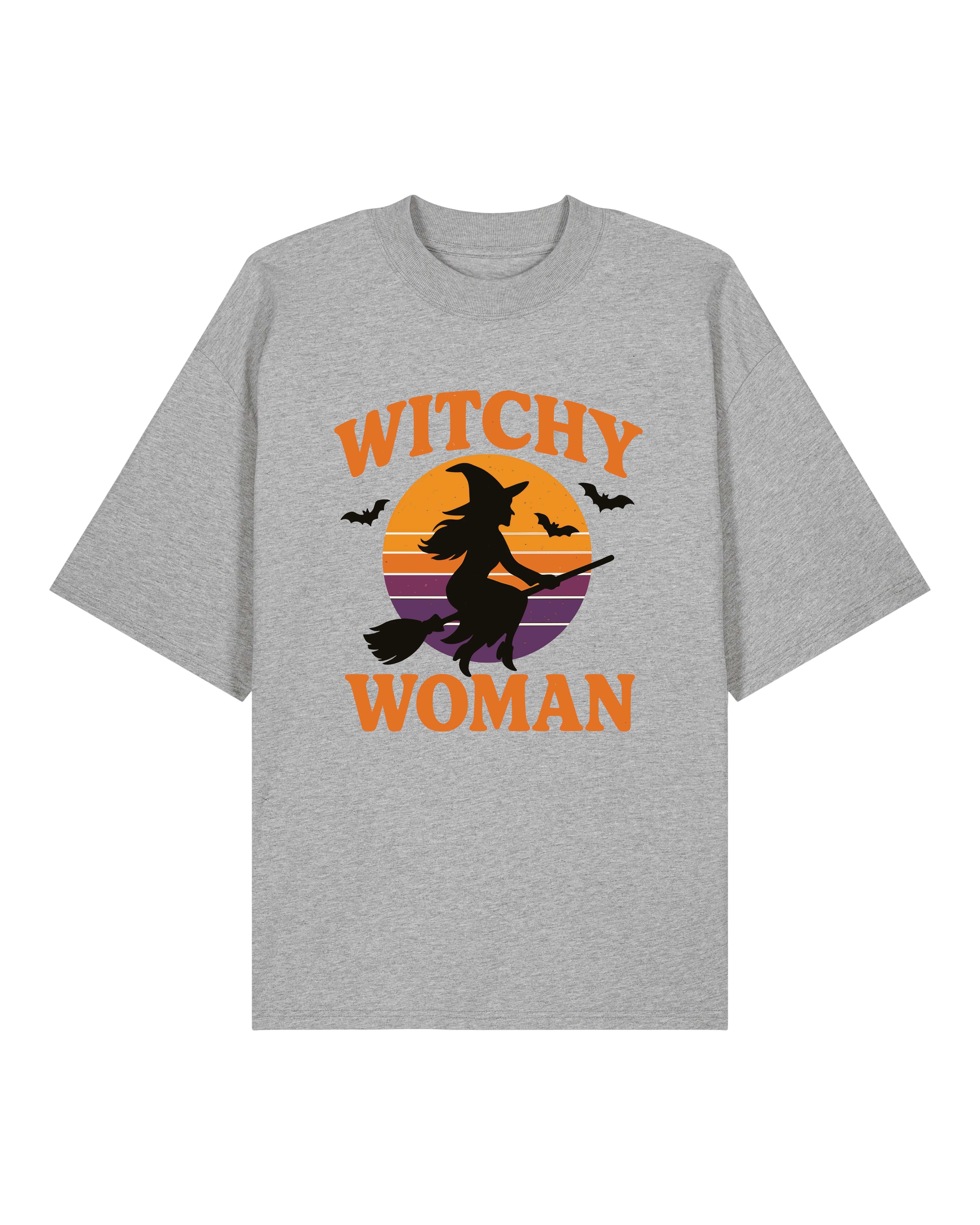 Hexenshirt grau im Oversized Look – Halloween T-Shirt mit Vintage Sunset – Witchy Woman – Unisex für Frauen und Männer