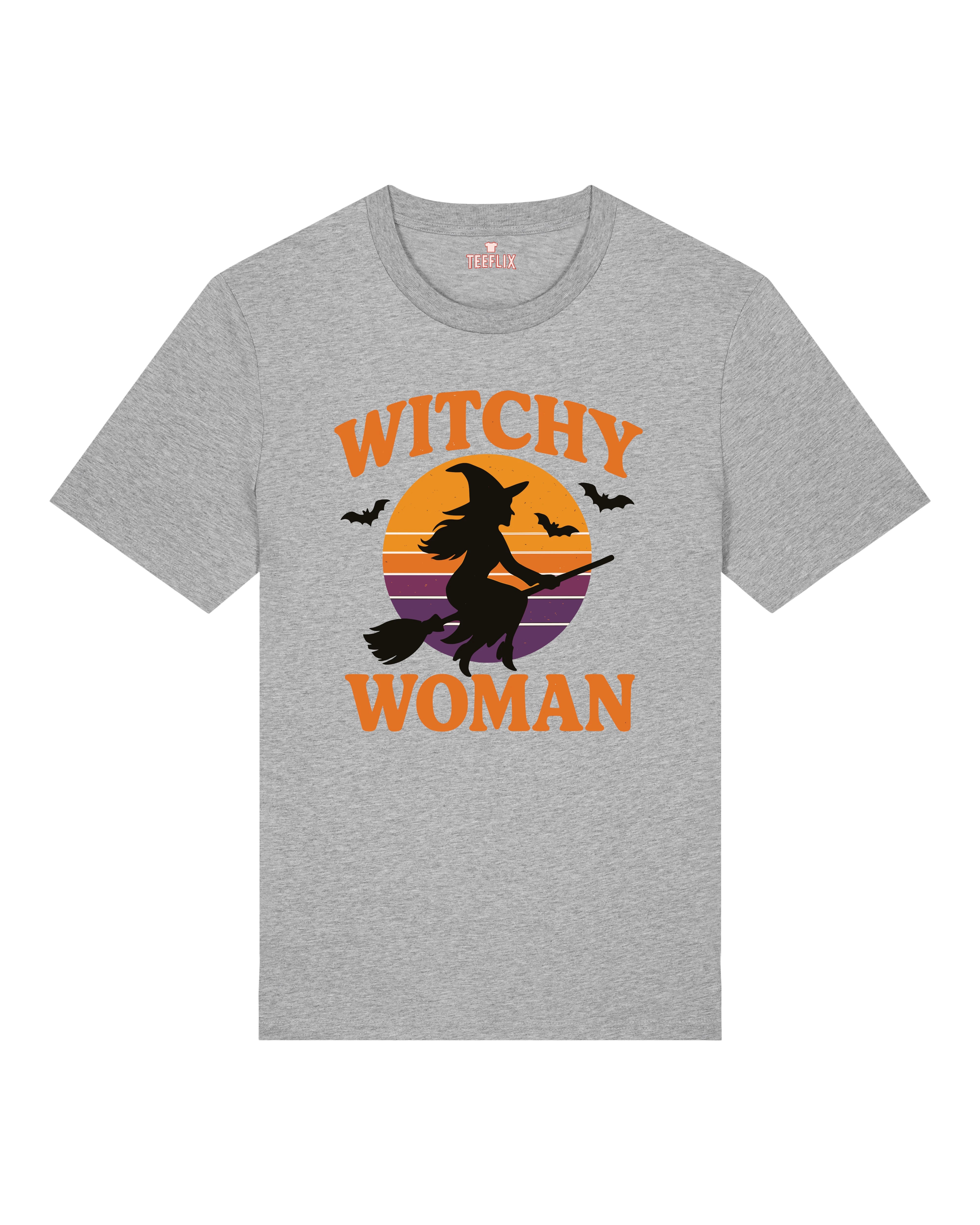 Graues T-Shirt mit fliegender Hexe – Halloween Design für Damen – Unisex Regular Schnitt – Witchy Woman Hexenshirt – Teeflix