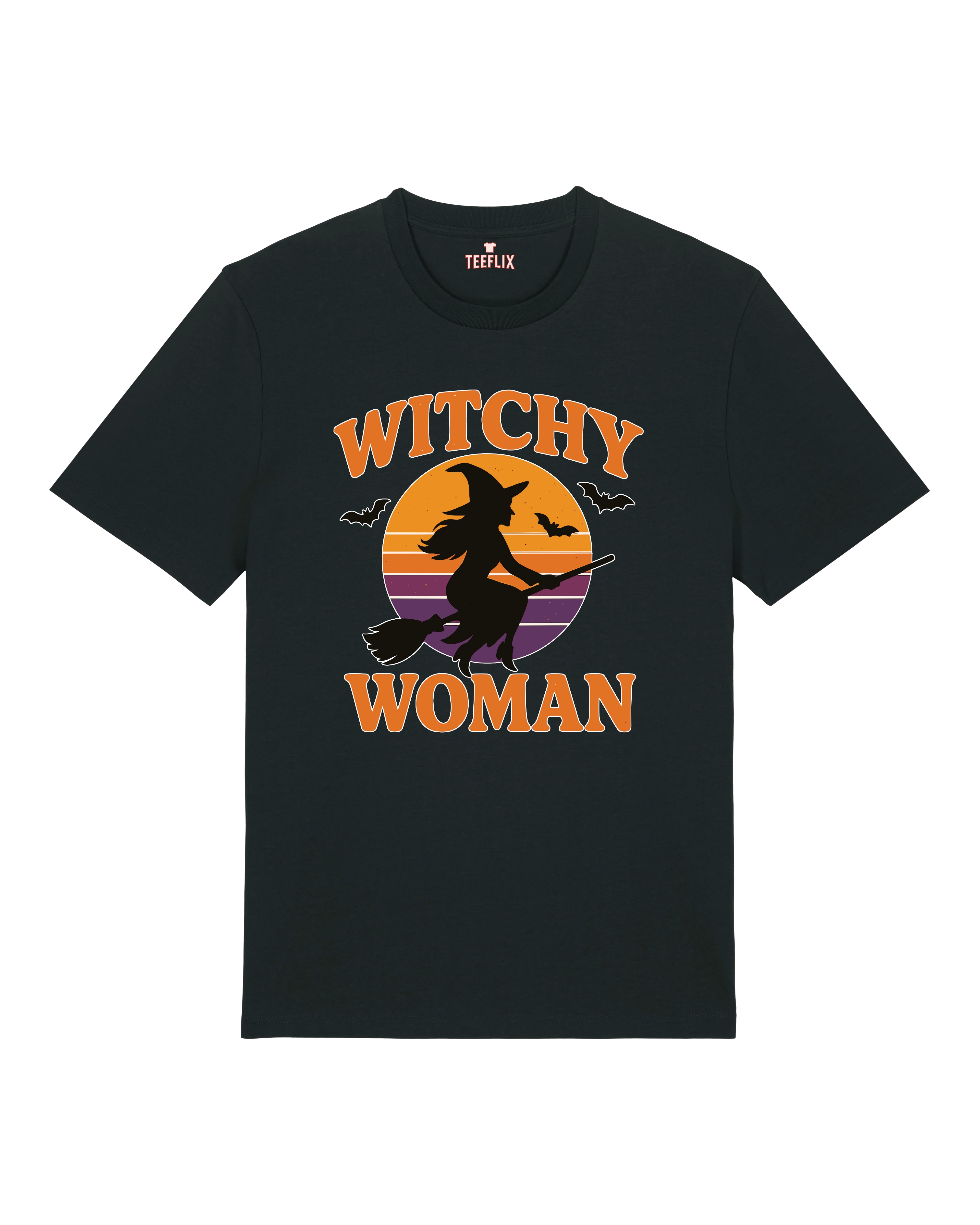 Schwarzes Halloween Shirt für Damen – Witchy Woman Motiv mit Retro Sonne – Unisex Regular Fit – Teeflix Shirt mit Hexe