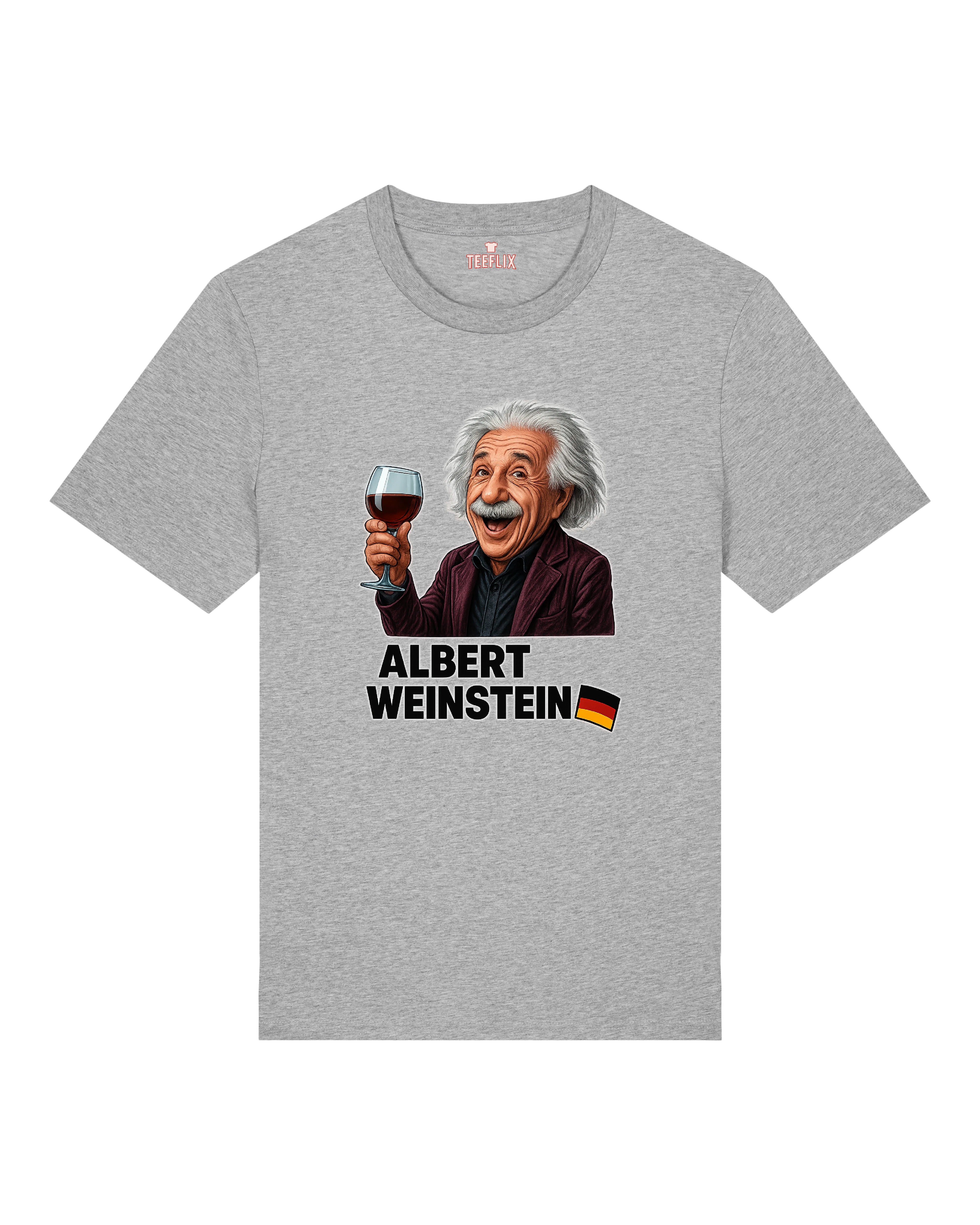 Graues Funshirt mit Einstein-Karikatur und Weinglas