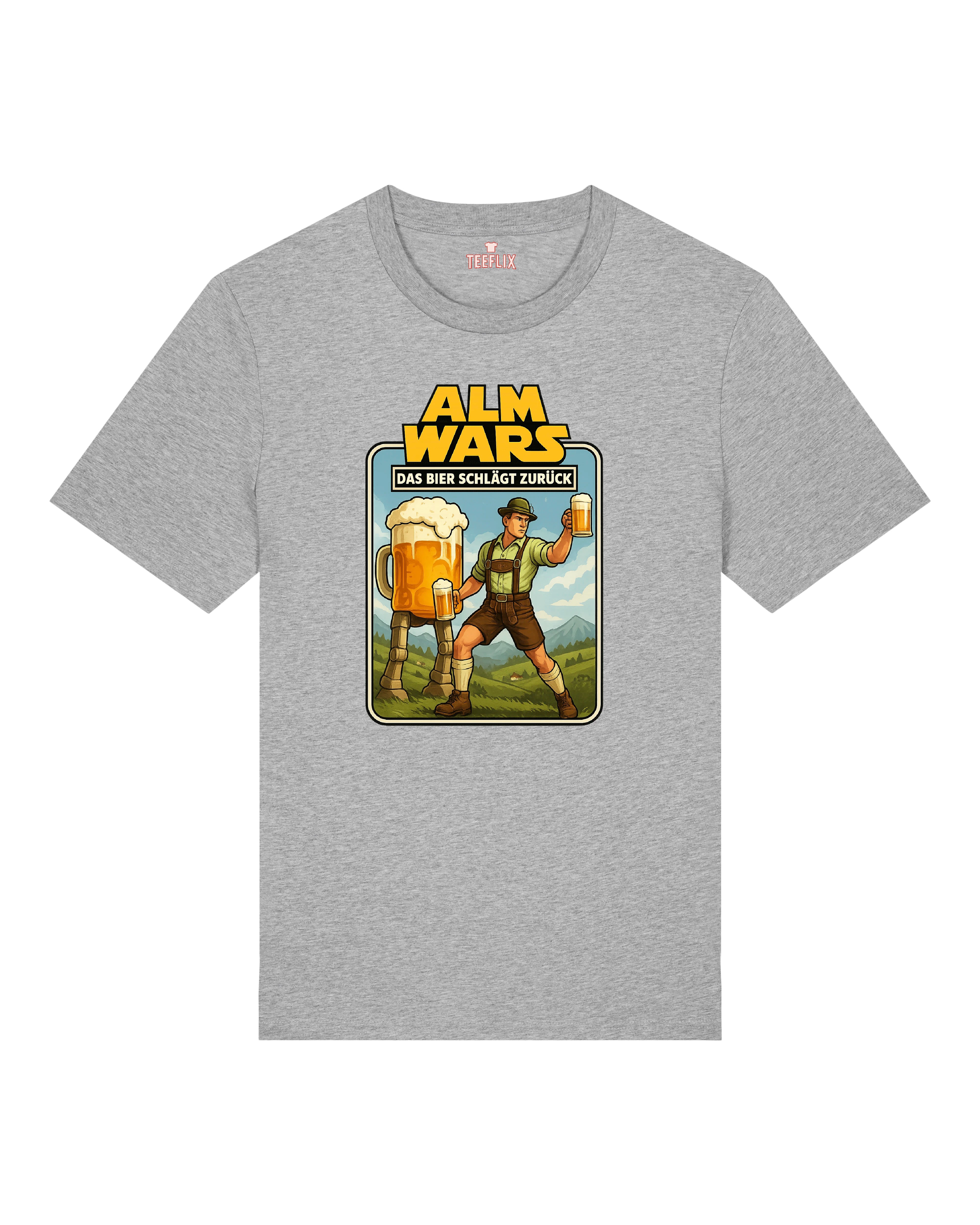 Mit dem „Alm Wars – Das Bier schlägt zurück“ T-Shirt bist du der Star jeder Wiesn. Ein mutiger Lederhosenträger im epischen Kampf gegen ein überdimensionales Bier – diese originelle Parodie ist perfekt für Fans von Science-Fiction, die Humor und Volksfest-Flair lieben. Super geeignet für Oktoberfest, Junggesellenabschiede oder gesellige Runden. Hochwertiger Druck, bequemer Schnitt und garantiert ein Lacher!