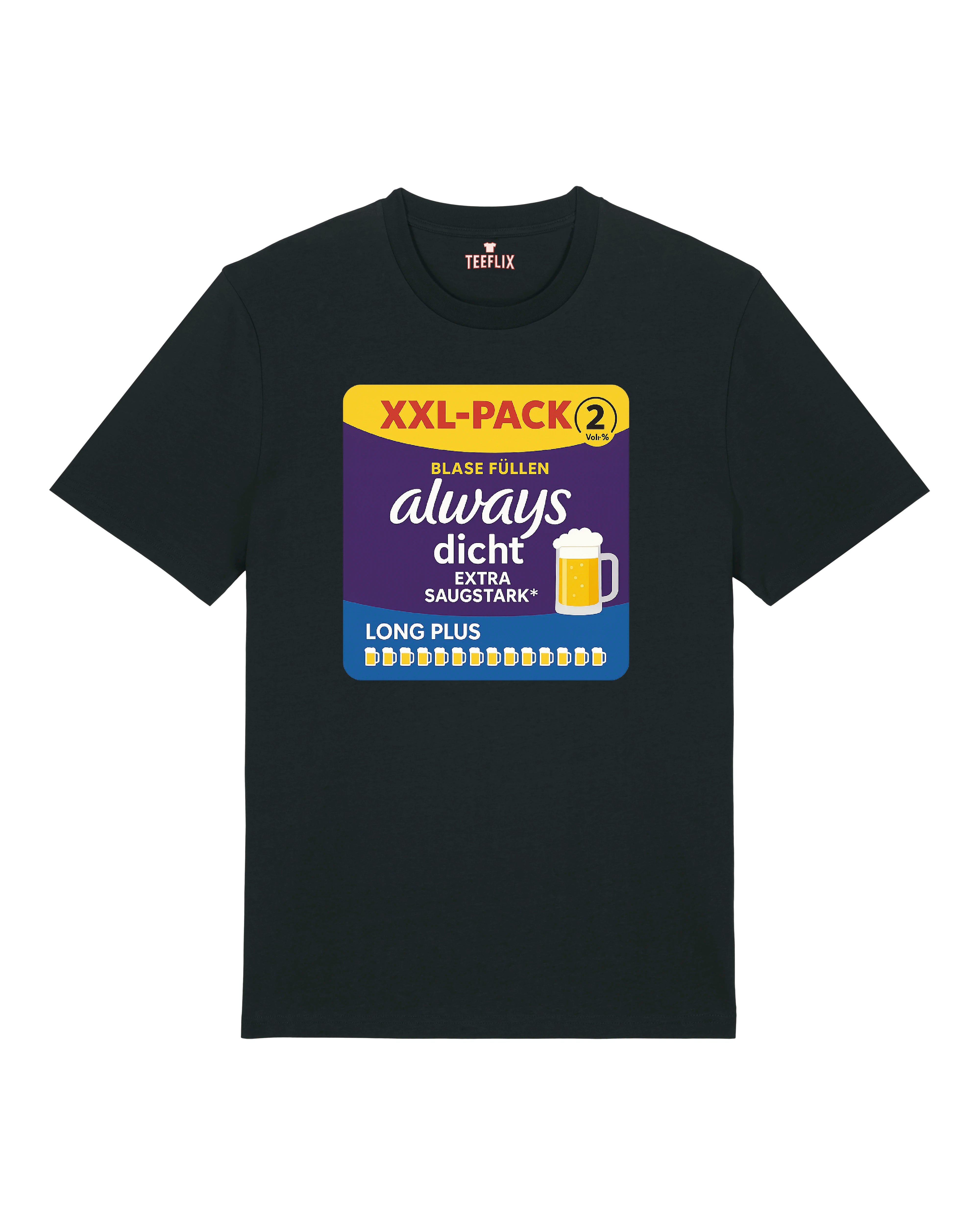 Schwarzes T-Shirt mit buntem Aufdruck „Always dicht – extra saugstark“ im Stil einer Verpackungsparodie mit Bierglas und XXL-Packung.