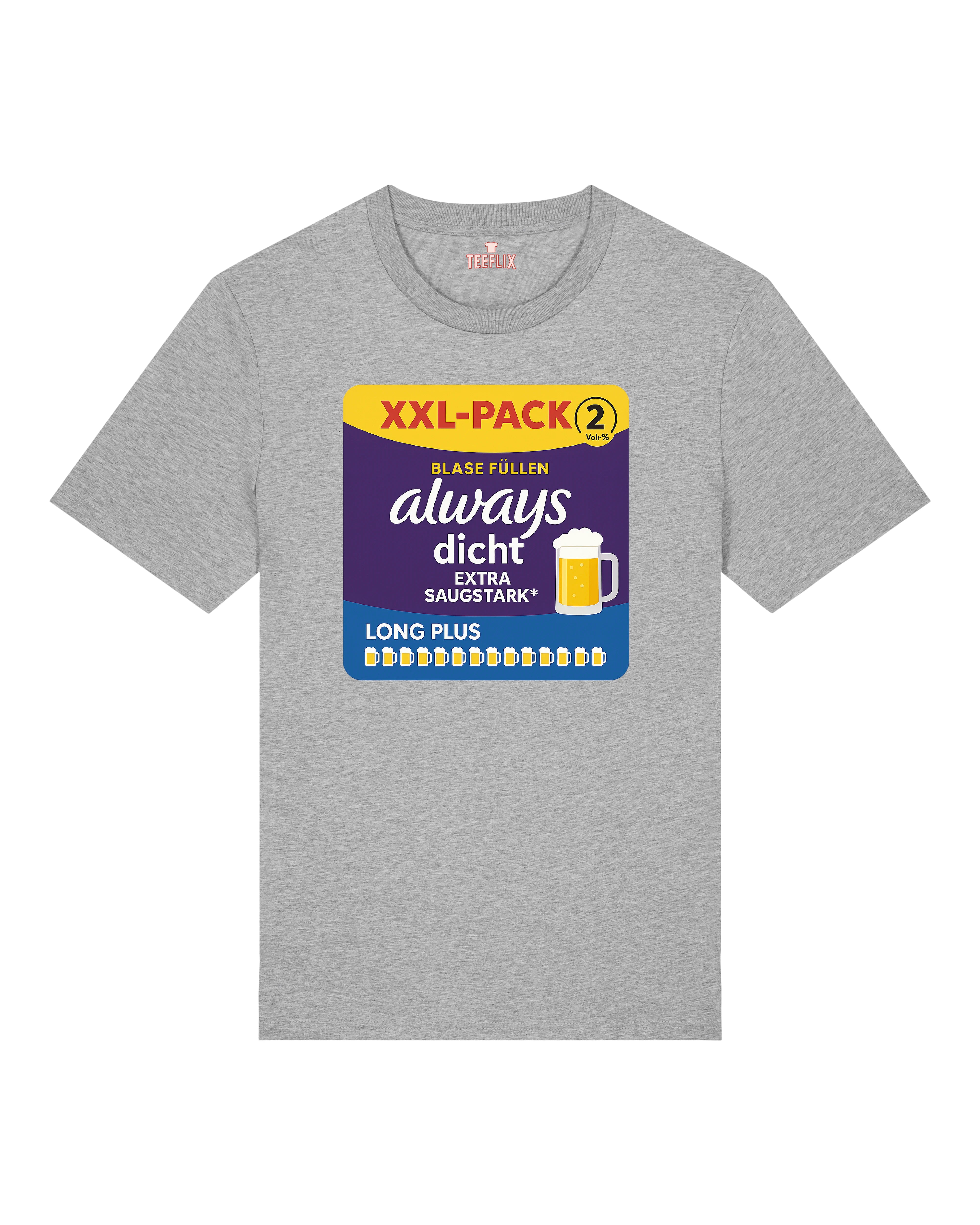 Graues Funshirt mit witzigem „Always dicht – Blase füllen“-Design, angelehnt an bekannte Hygieneproduktverpackung, mit Bier-Illustration.