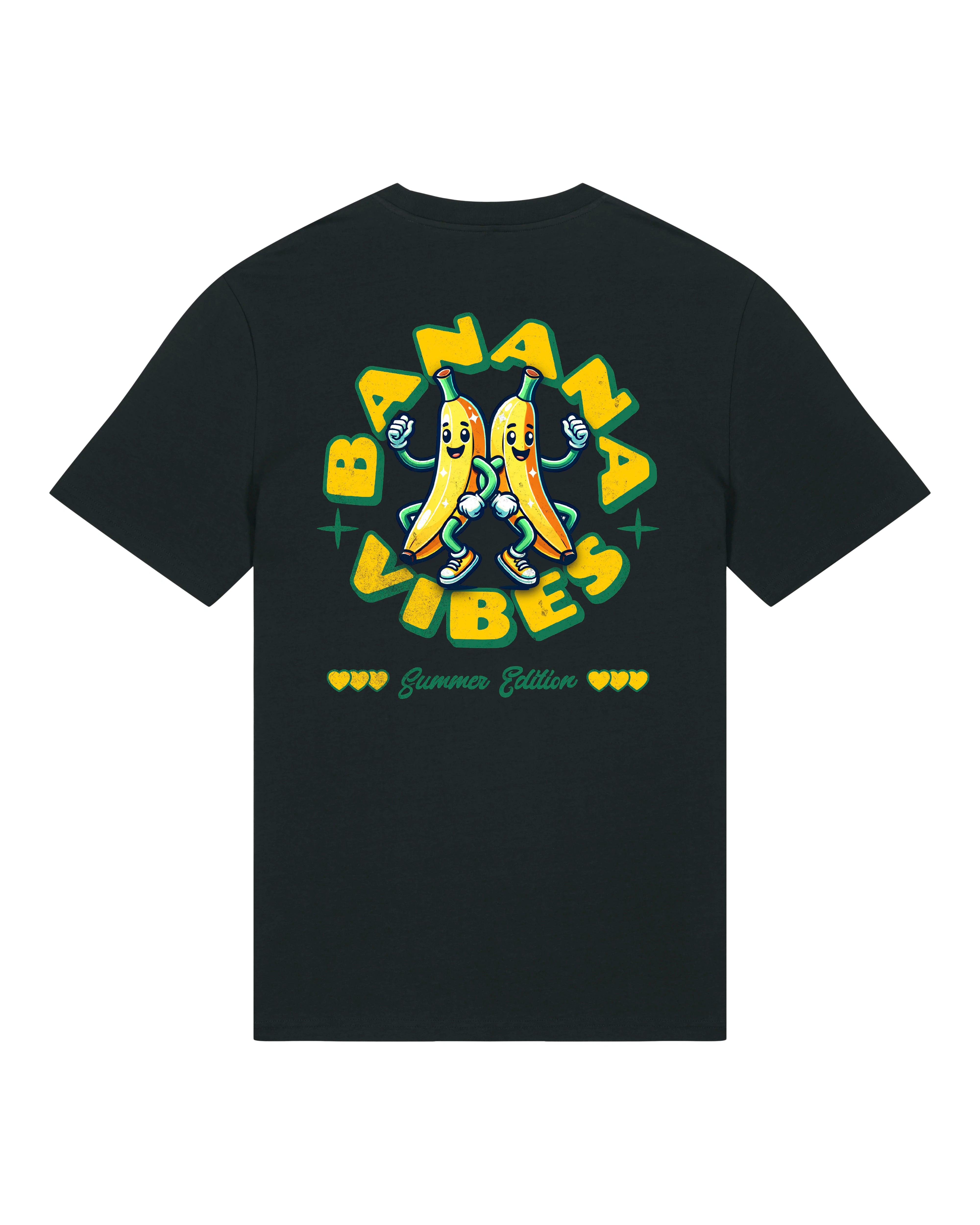 Schwarzes T-Shirt mit auffälligem Banana Vibes Motiv – ideal für Festivals
