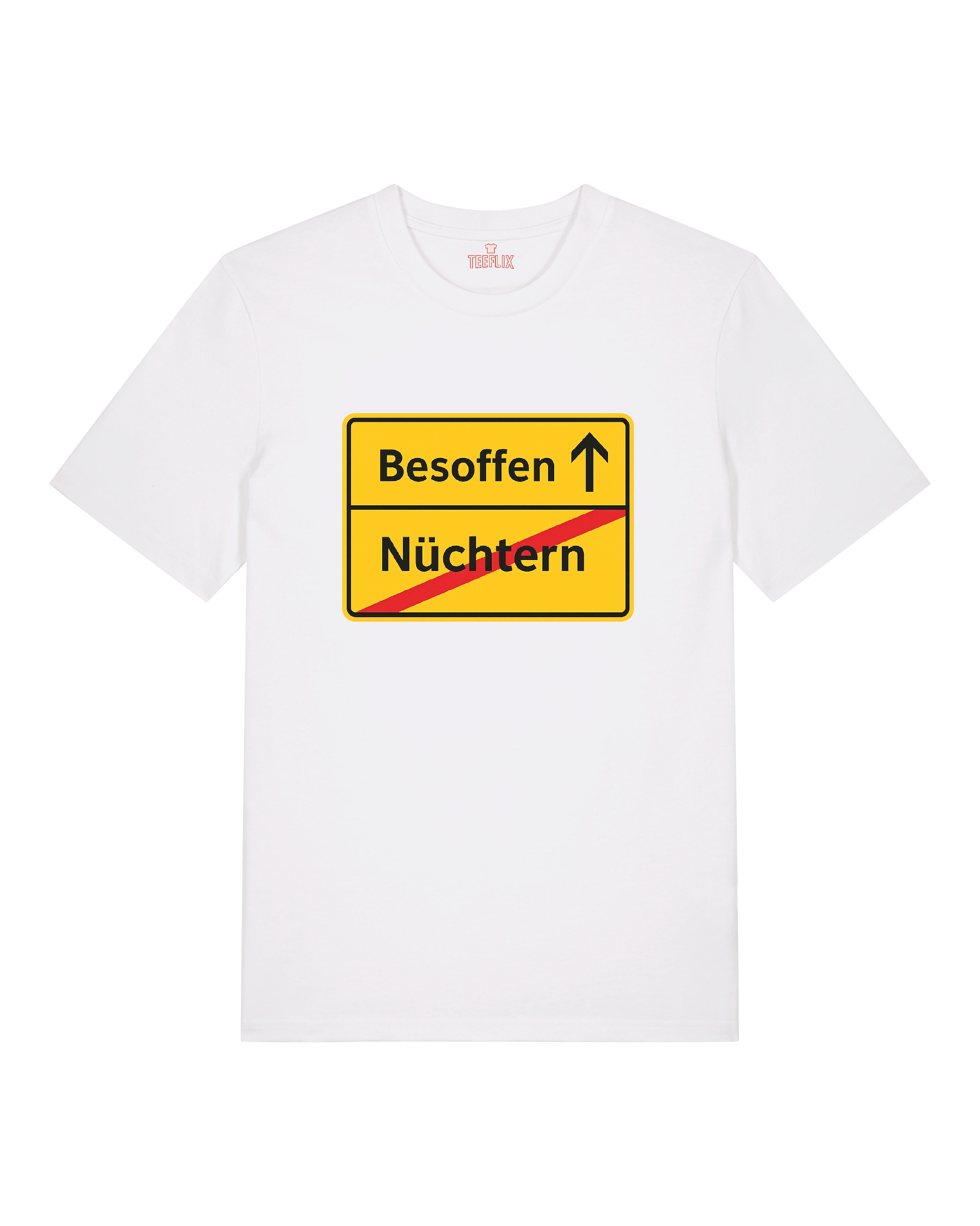 Weißes T-Shirt mit Ortsschild-Motiv: „Besoffen“ oben, „Nüchtern“ durchgestrichen – witziges Funshirt.