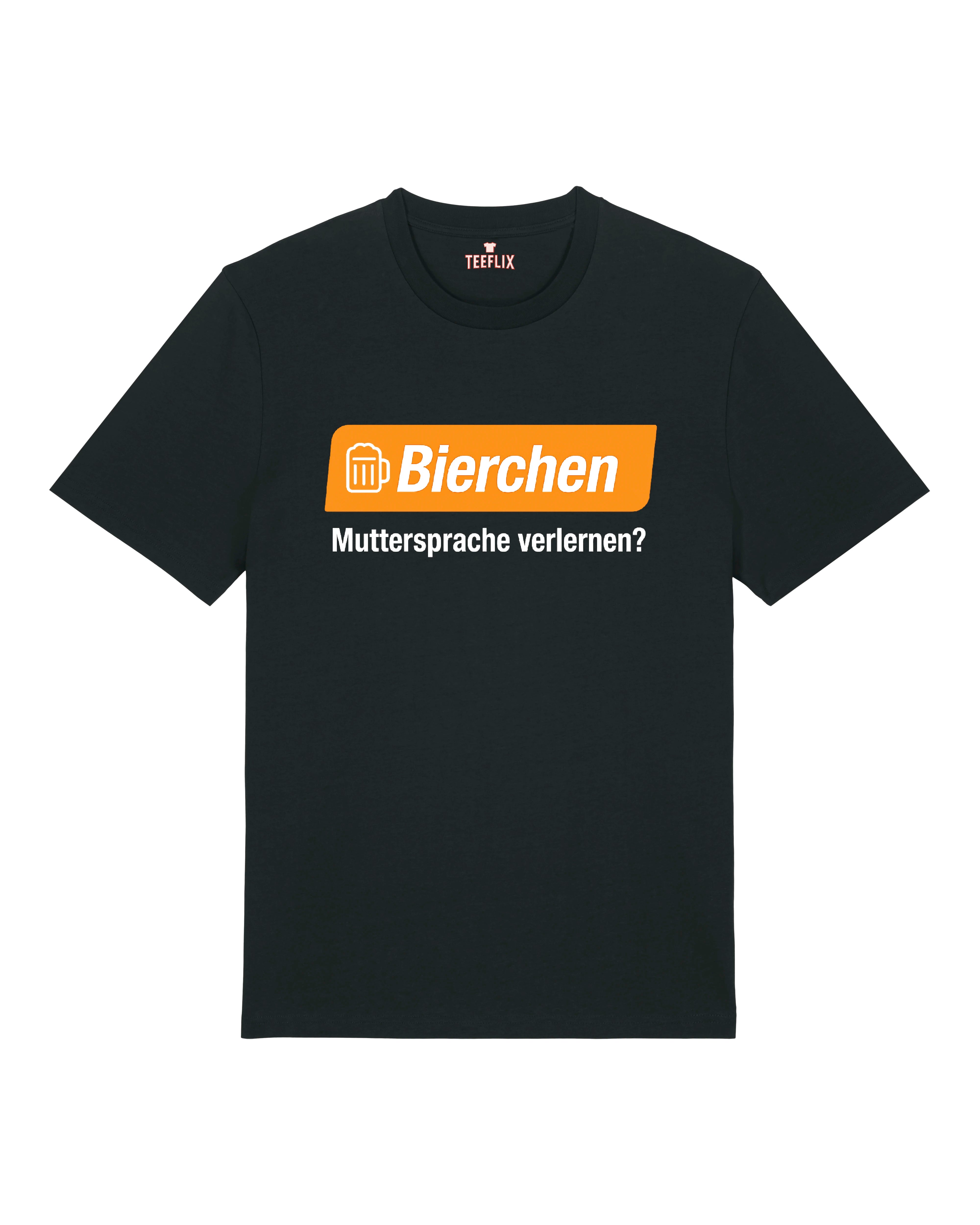 Schwarzes T-Shirt „Bierchen – Muttersprache verlernen?“ – witziges Geschenk für Bierliebhaber.