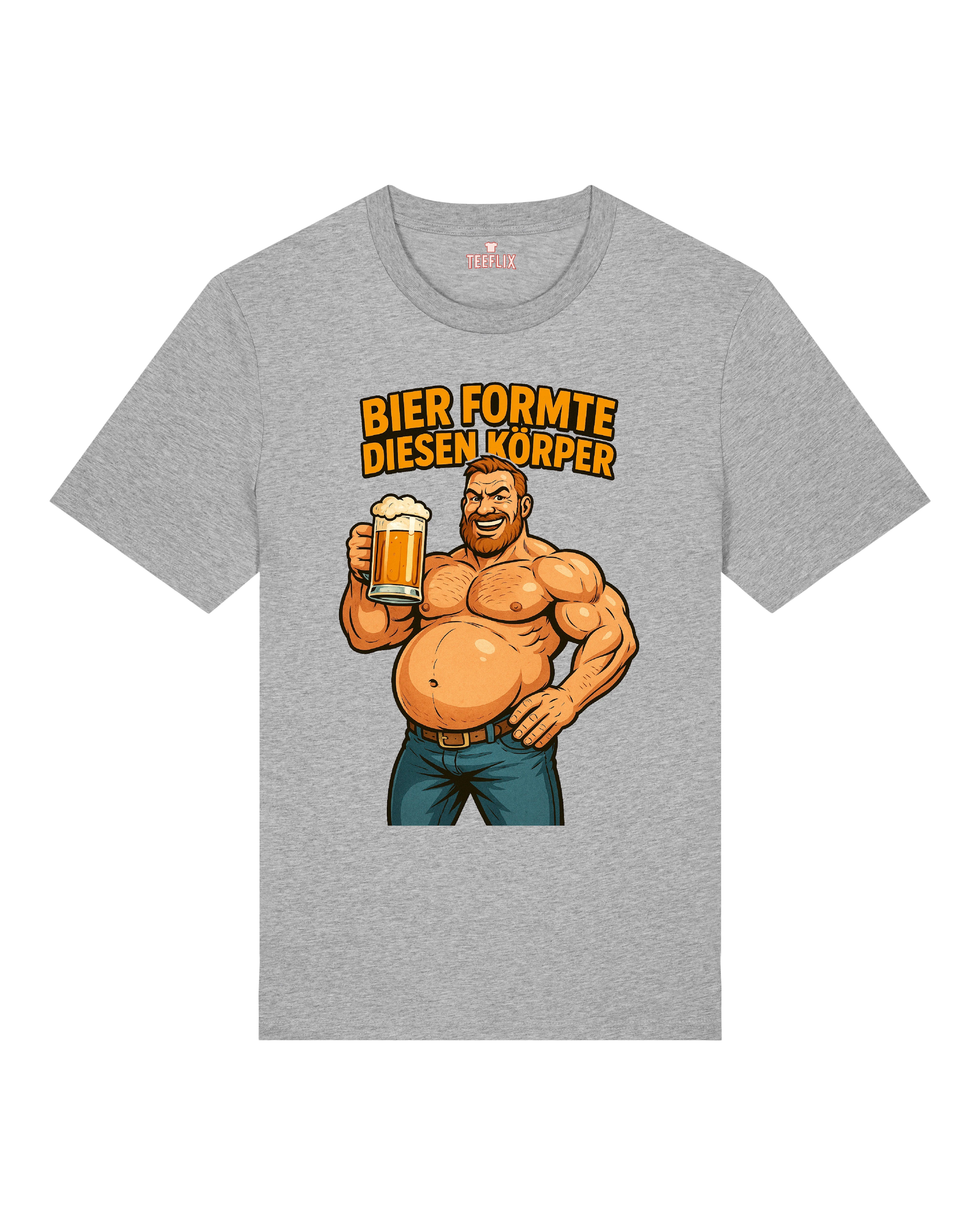 Das Motiv zeigt einen selbstbewussten, muskulösen Mann mit markantem Bierbauch, der ein großes, schäumendes Bierglas triumphierend in die Höhe hält. Über der Figur steht in kräftigen, orangefarbenen Buchstaben der humorvolle Spruch: „Bier formte diesen Körper“. Der Cartoon-Stil des Designs unterstreicht den ironischen Witz, während der kräftige Körper mit Bauchansatz charmant das Klischee des Bierliebhabers auf die Schippe nimmt. Perfekt für Fans von Selbstironie und Hopfenkultur.
