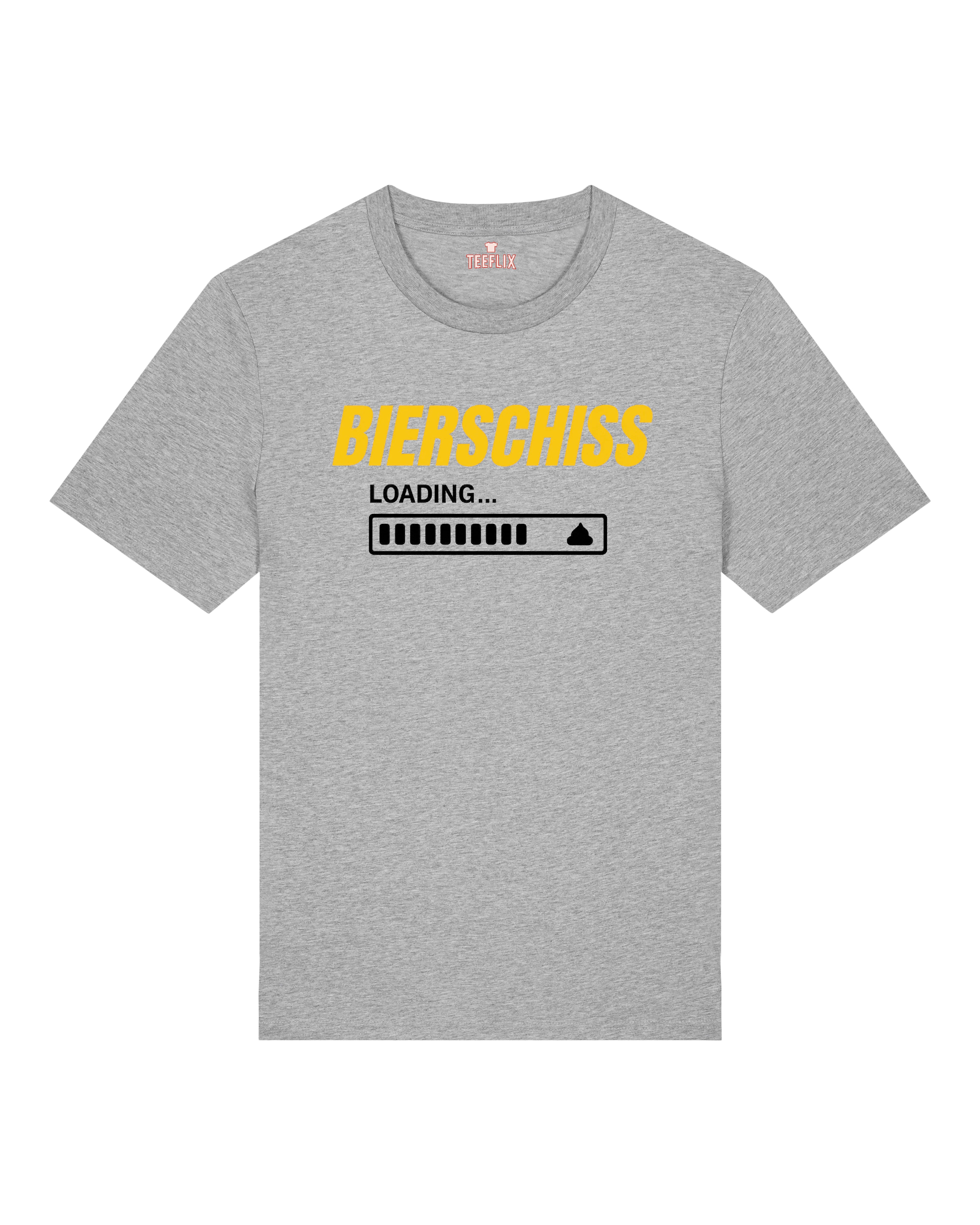 Lustiges T-Shirt mit dem Aufdruck "BIERSCHISS LOADING...". Darunter befindet sich ein Ladebalken mit einem kleinen Kothaufen-Icon am Ende. Das Design ist in Gelb und Schwarz gehalten und humorvoll auf das Thema Alkohol und dessen Folgen bezogen. Erhältlich in Weiß, Schwarz und Grau.