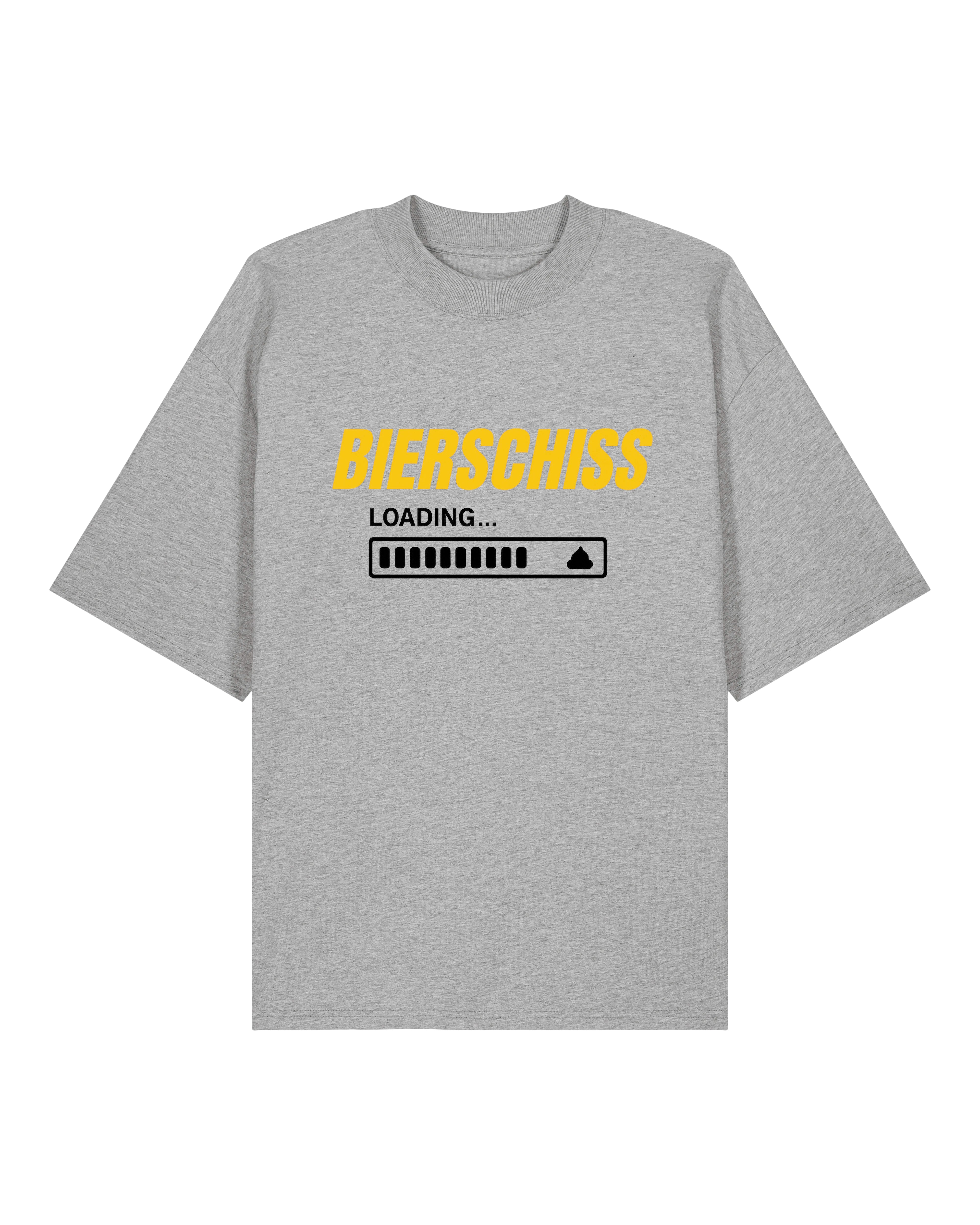 Lustiges T-Shirt mit dem Aufdruck "BIERSCHISS LOADING...". Darunter befindet sich ein Ladebalken mit einem kleinen Kothaufen-Icon am Ende. Das Design ist in Gelb und Schwarz gehalten und humorvoll auf das Thema Alkohol und dessen Folgen bezogen. Erhältlich in Weiß, Schwarz und Grau.
