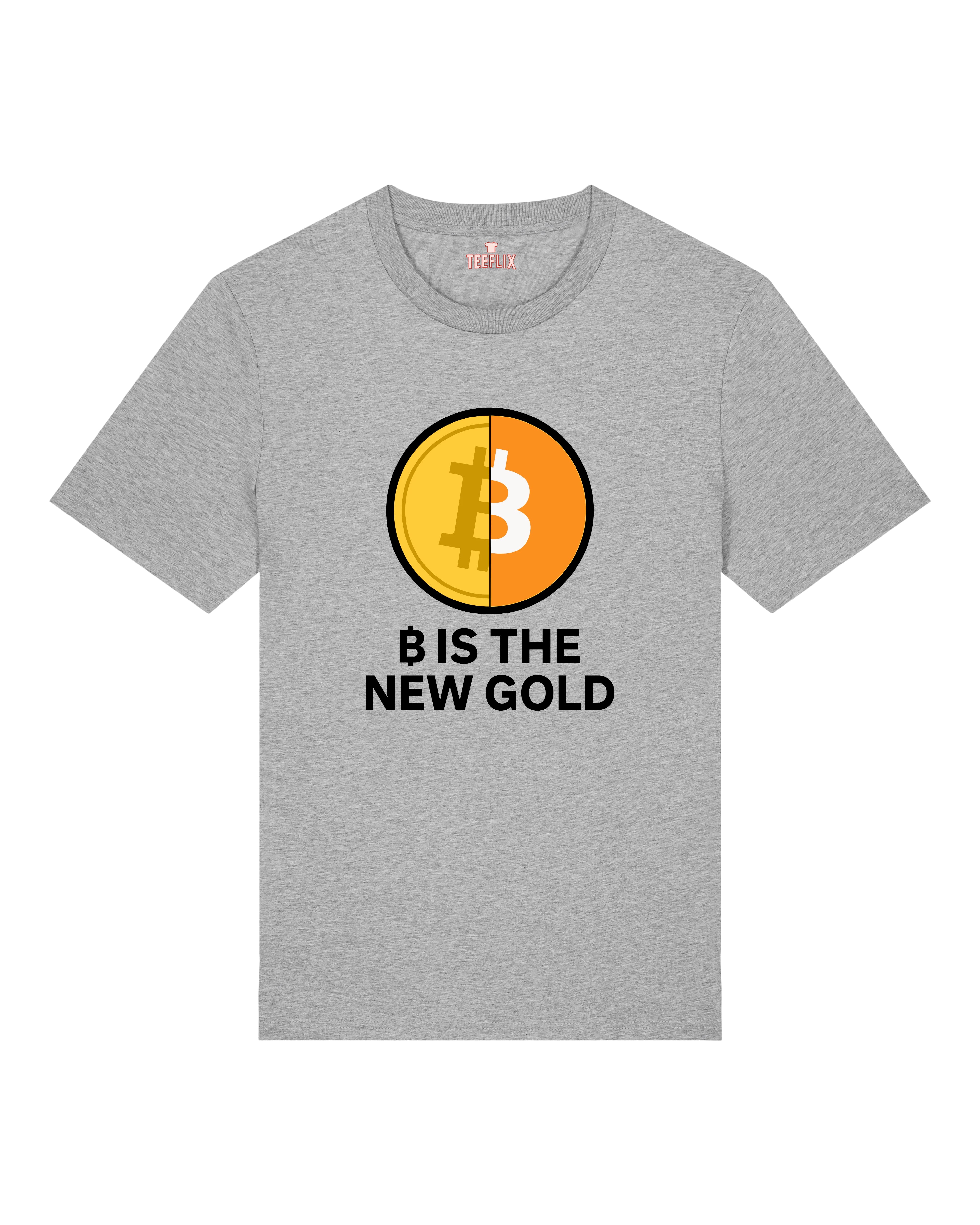 Klassisches graues Bitcoin Shirt mit Aufdruck "₿ IS THE NEW GOLD" – Lustiges T-Shirt für Krypto Fans von Teeflix