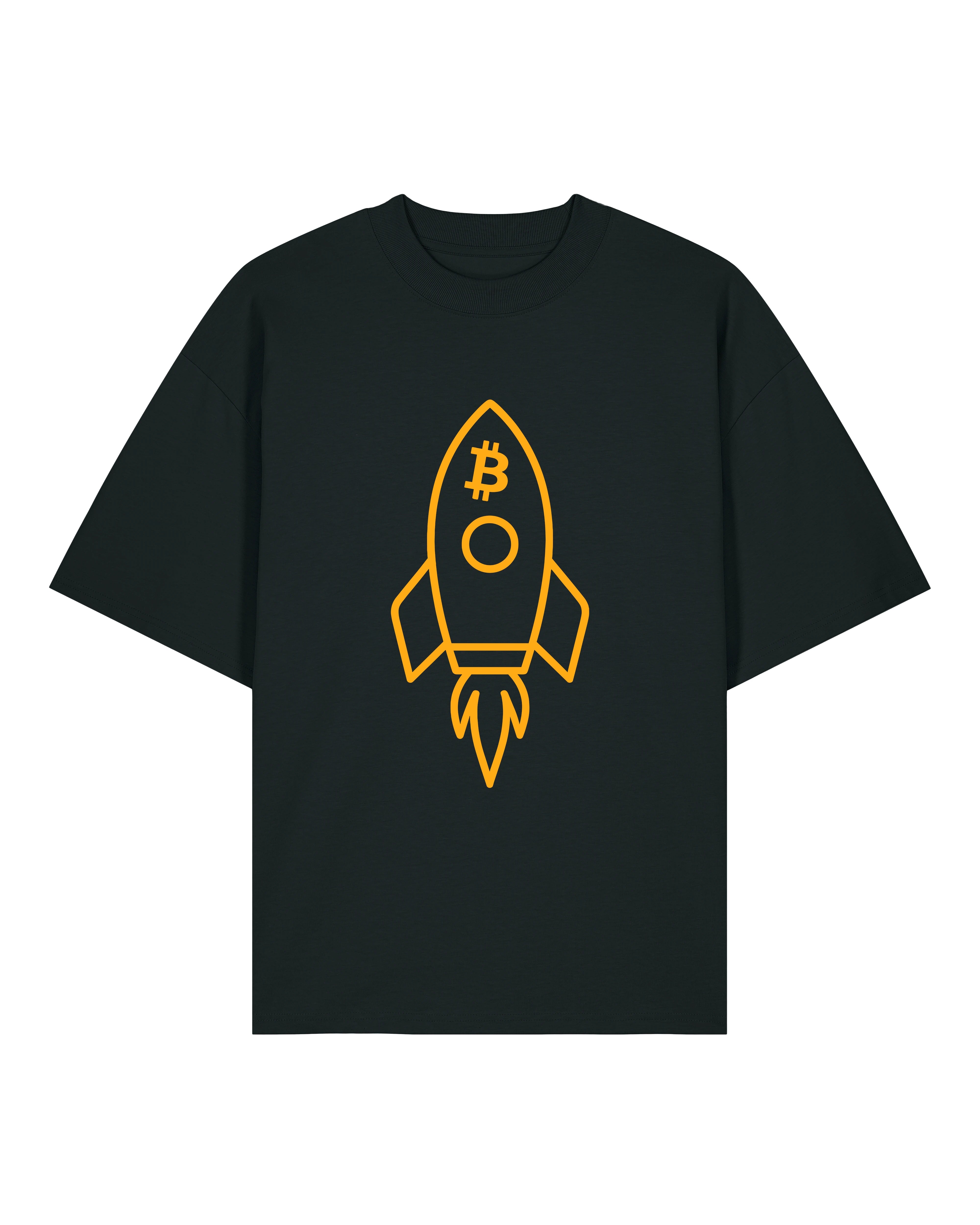Oversized Bitcoin T-Shirt in Schwarz – Raketenstart Design auf Premium Unisex Shirt von Teeflix