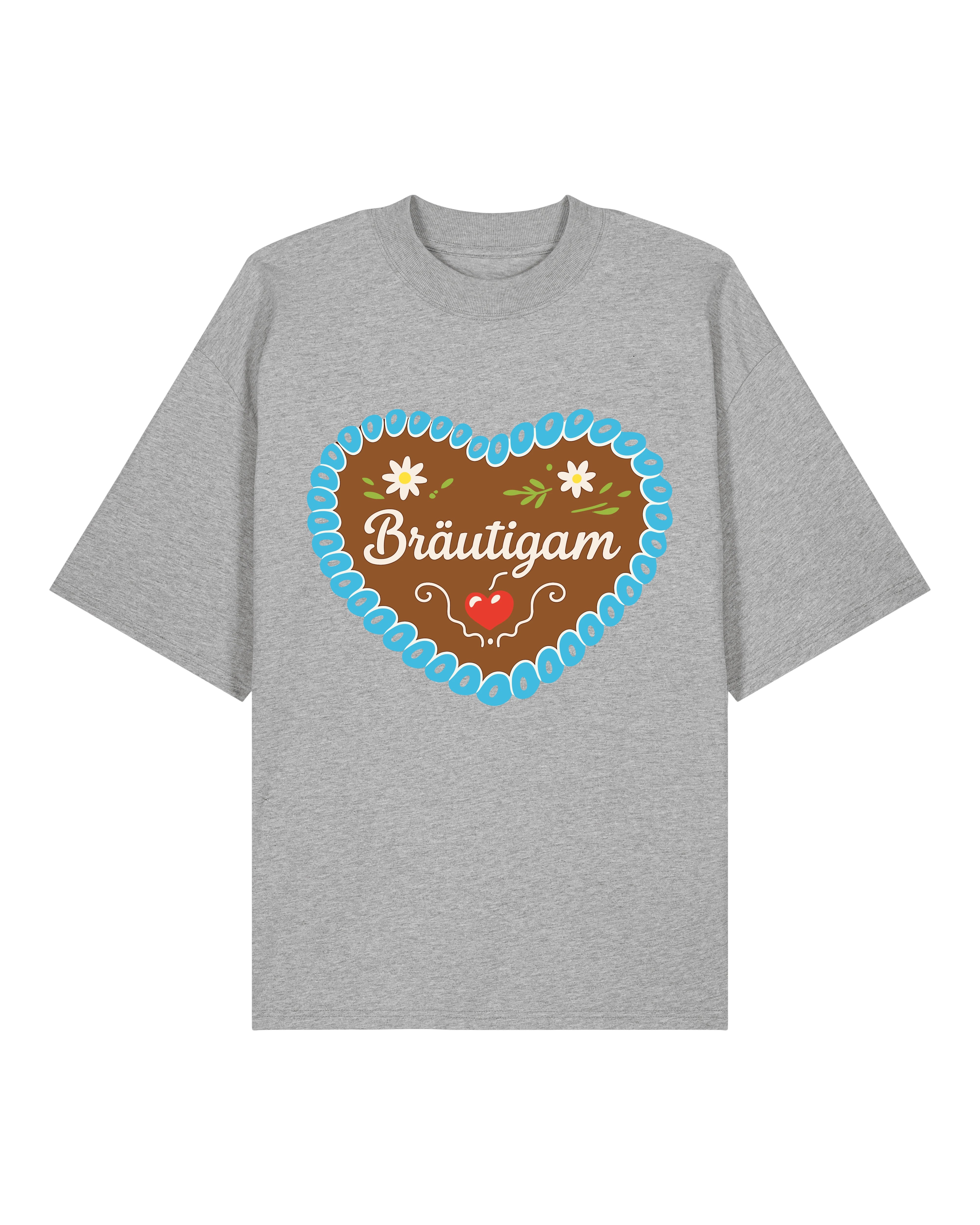 Teeflix Bräutigam JGA Shirt in Grau, Oversized Schnitt, Lebkuchenherz Design, 100% Bio-Baumwolle