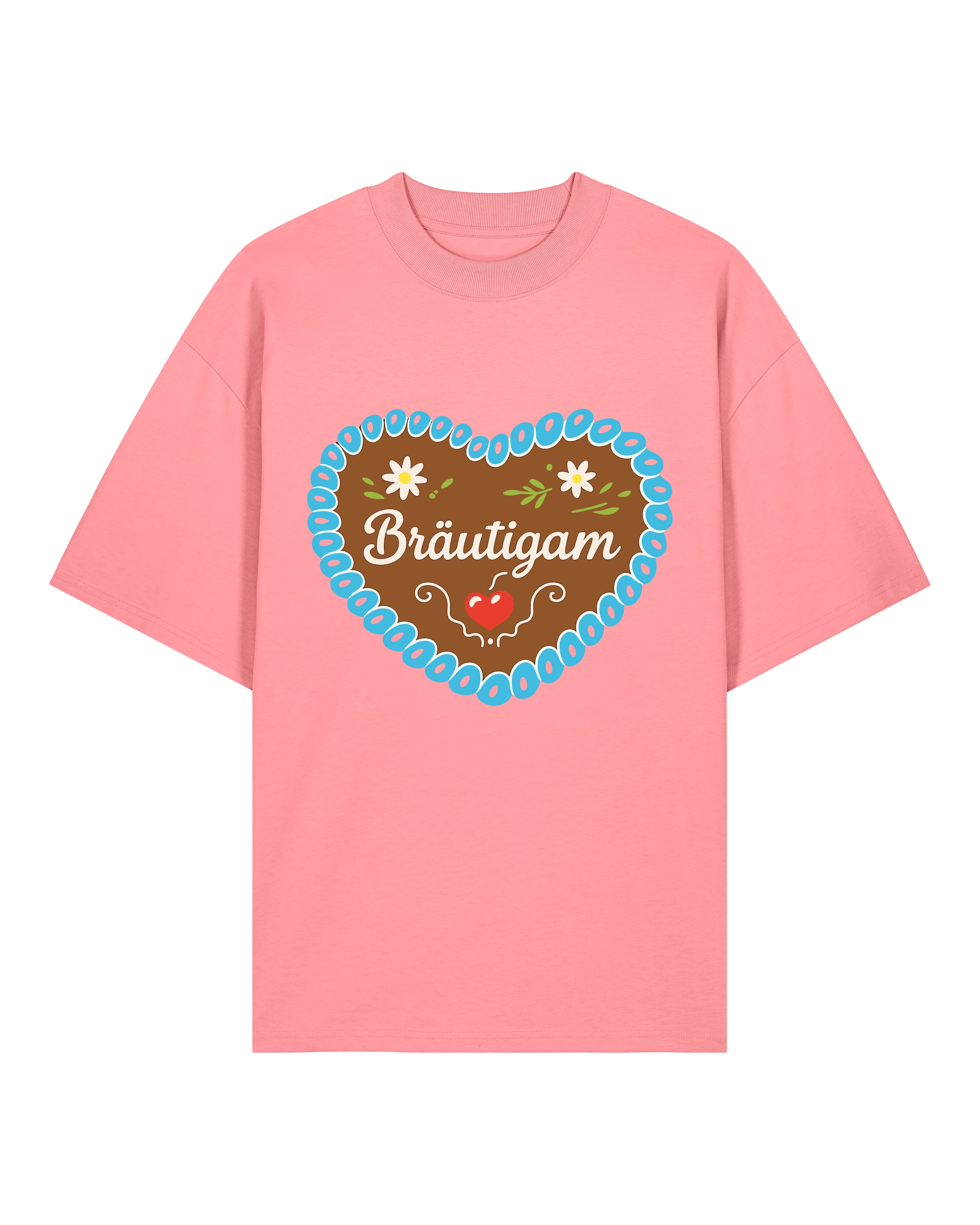 Teeflix Bräutigam JGA Shirt in Rosa, Oversized Schnitt, Lebkuchenherz Design, 100% Bio-Baumwolle