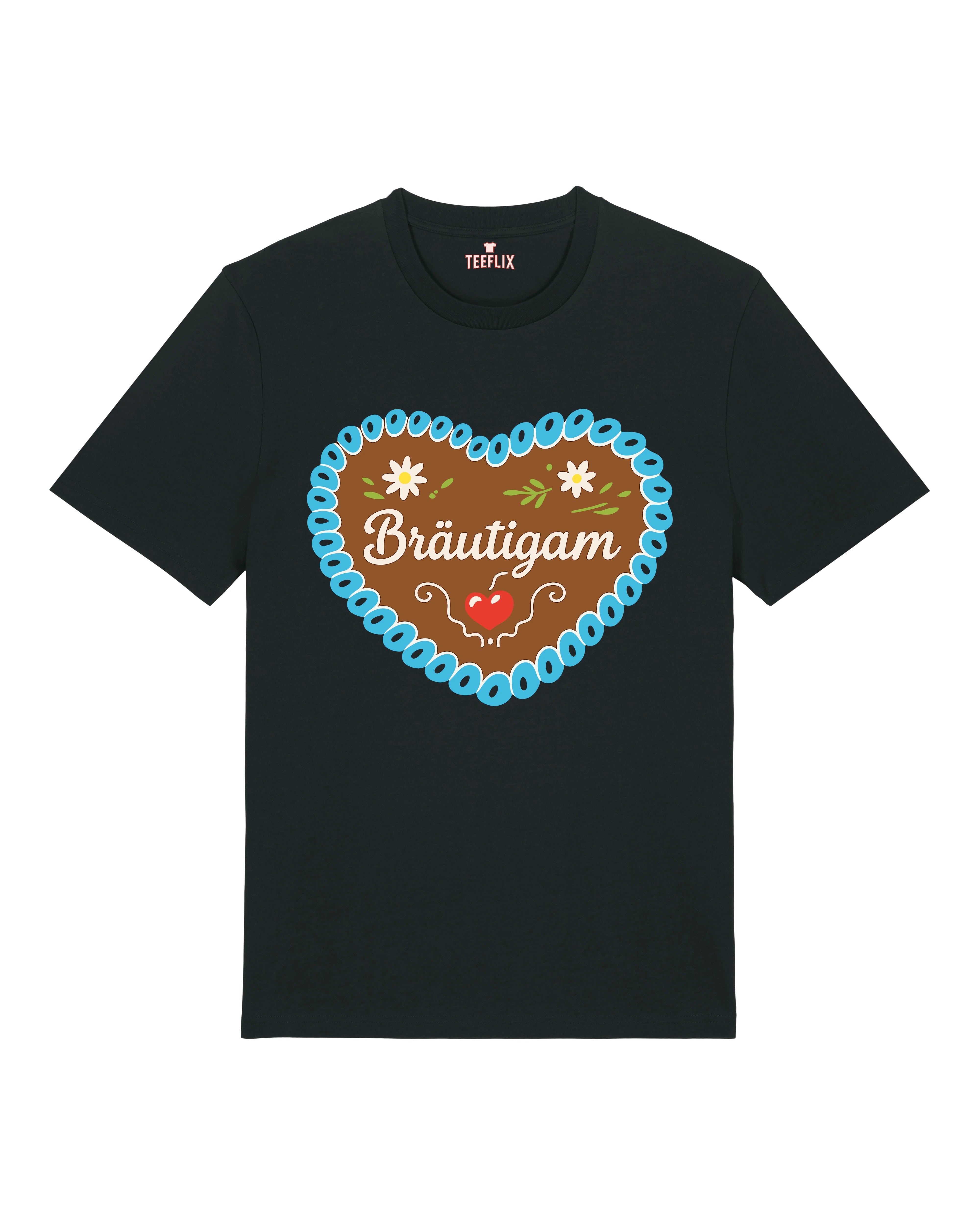 Teeflix Bräutigam JGA Shirt in Schwarz mit Lebkuchenherz Motiv, Unisex Normal, 100% Bio-Baumwolle