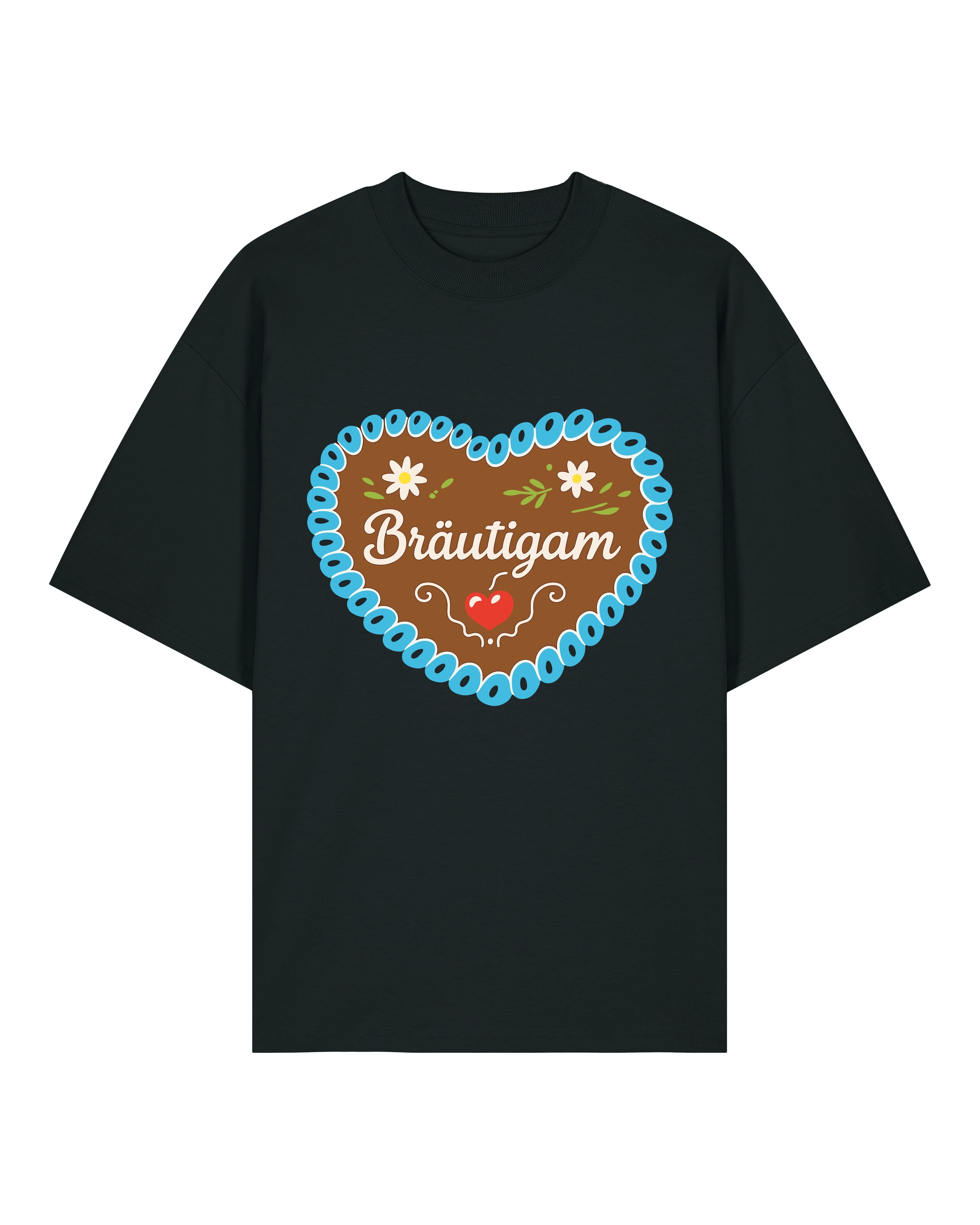 Teeflix Bräutigam JGA Shirt in Schwarz, Oversized Schnitt, Lebkuchenherz Design, 100% Bio-Baumwolle