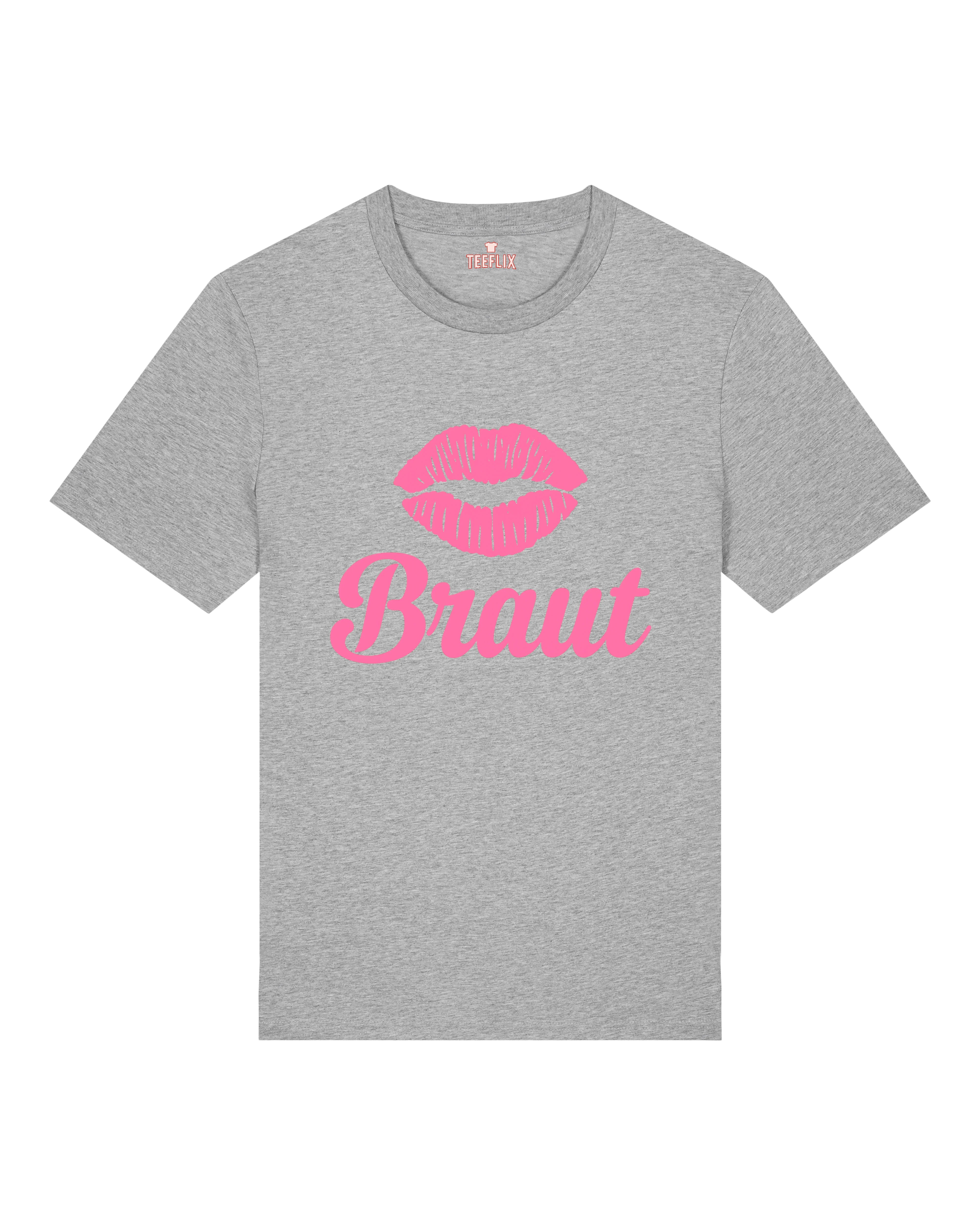 Teeflix Braut JGA T-Shirt in Grau mit Kussmund-Motiv, Unisex Normal, 100% Bio-Baumwolle
