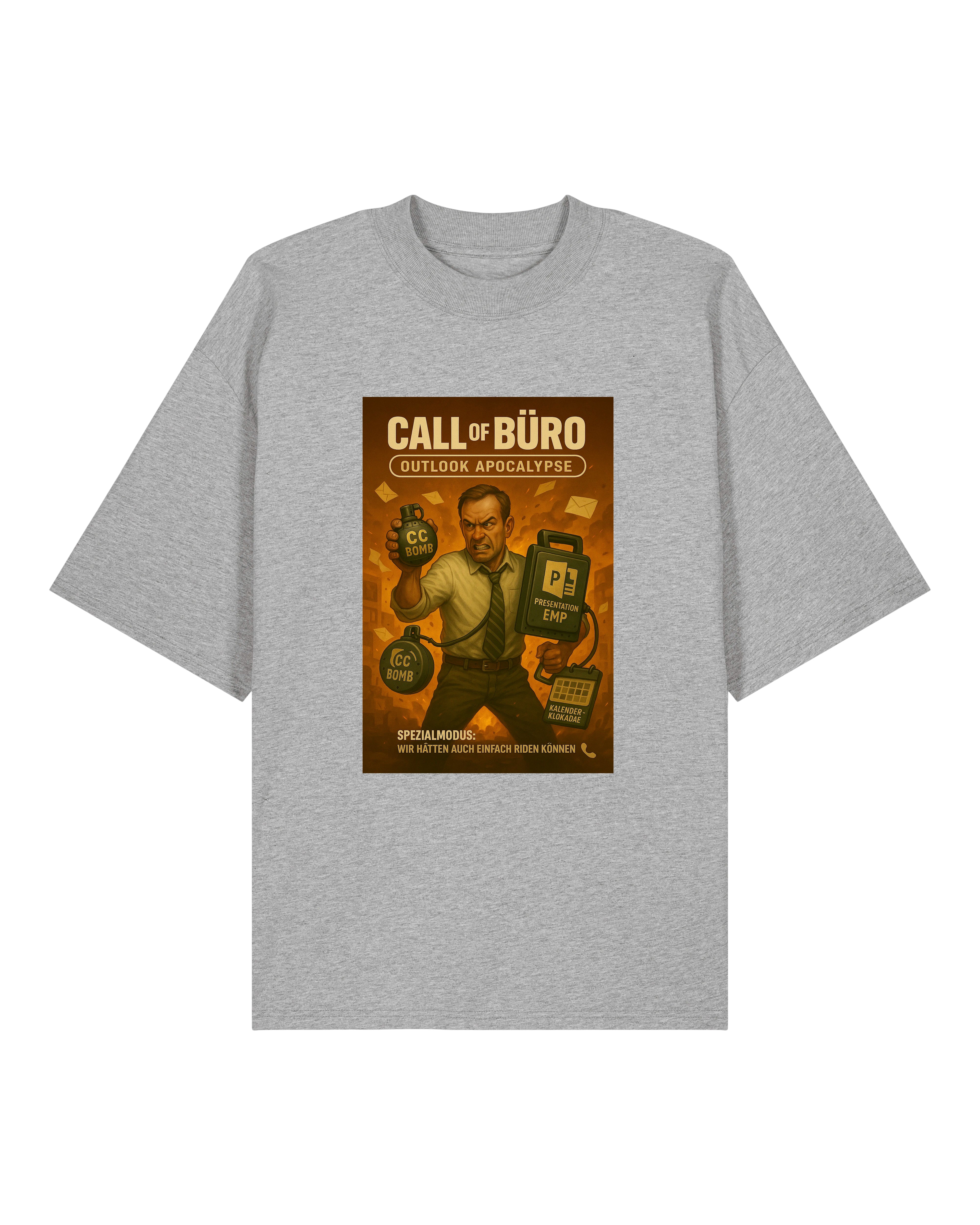 Graues Shirt mit humorvollem Parodie-Design auf den modernen Büroalltag, perfekt für Angestellte mit Humor.