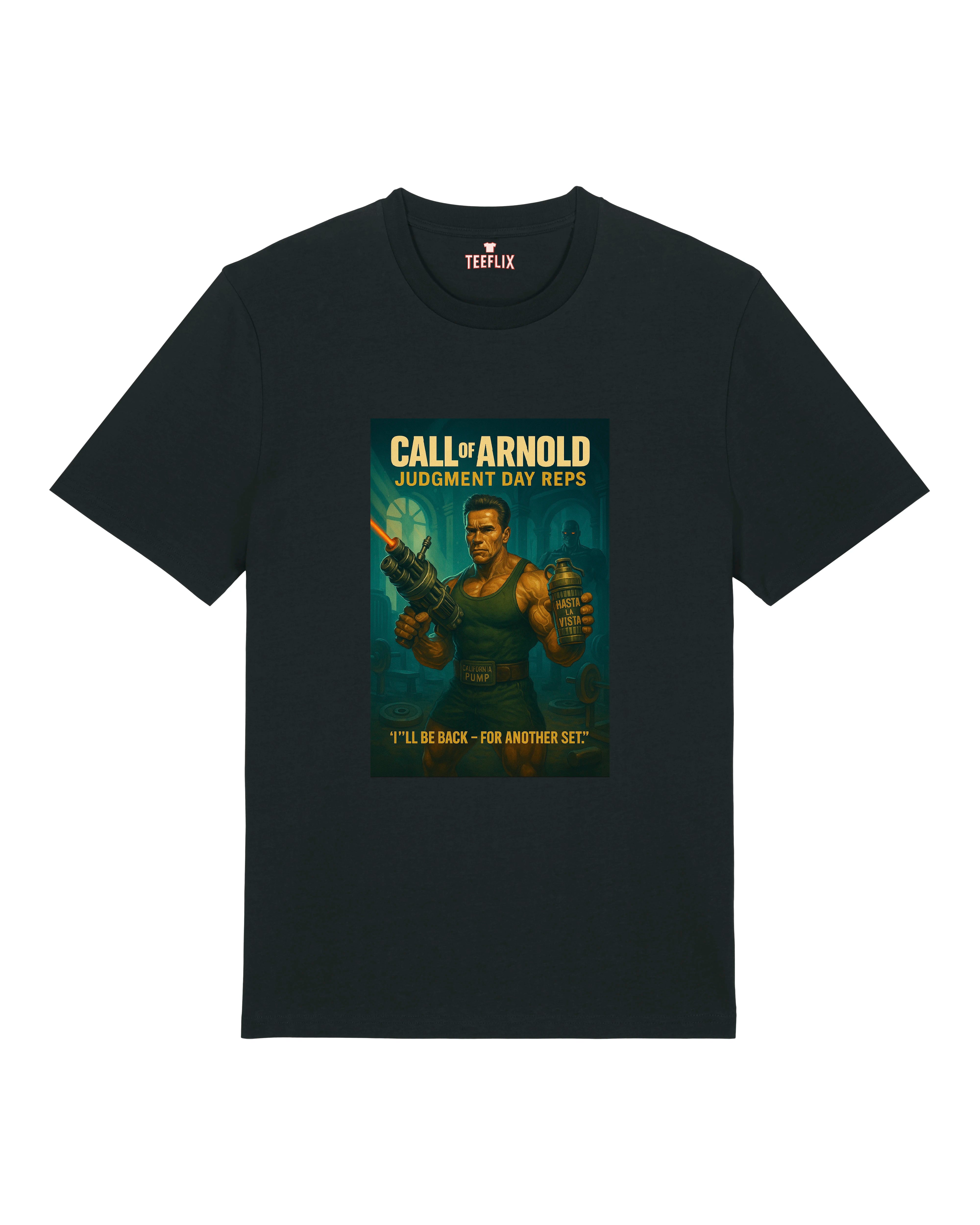 Schwarzes Call of Arnold T-Shirt mit Actionfilm-Design von Arnold im Gym mit Waffen – humorvolles Fitnessshirt.