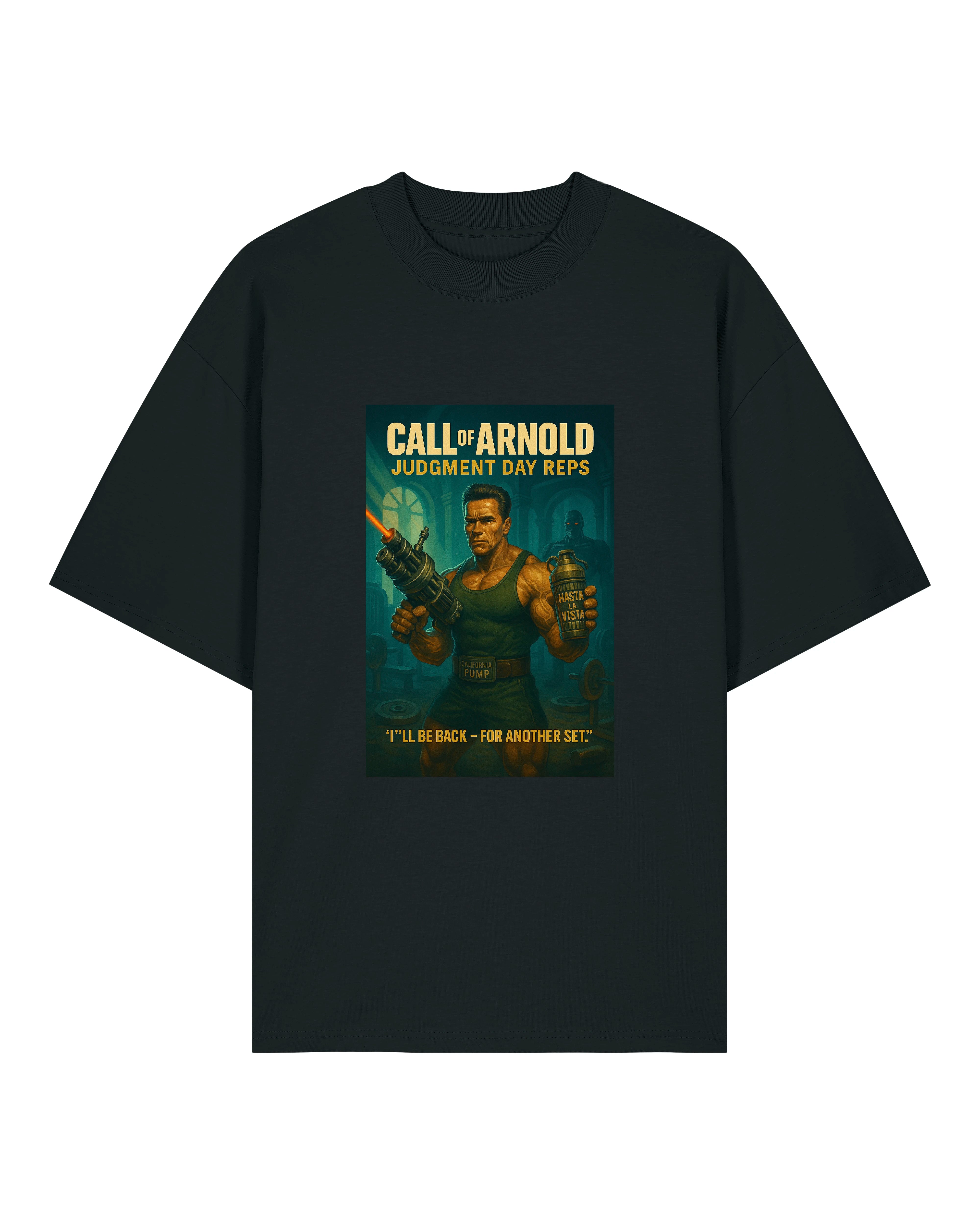 Schwarzes Call of Arnold T-Shirt mit Actionfilm-Design von Arnold im Gym mit Waffen – humorvolles Fitnessshirt.