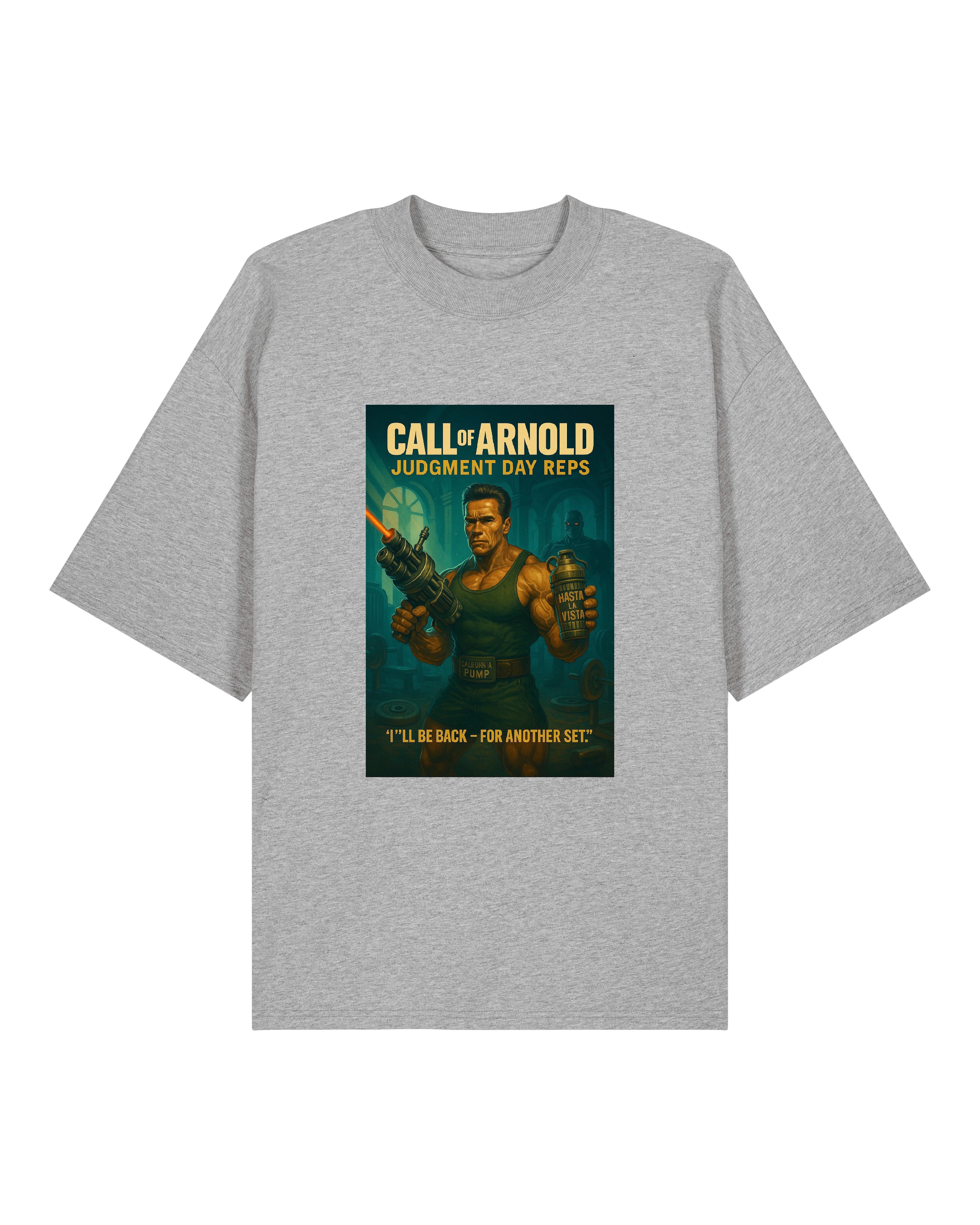 Graues Call of Arnold T-Shirt im Retro-Fitness-Design – ideal für Gym-Enthusiasten mit Sinn für Humor.
