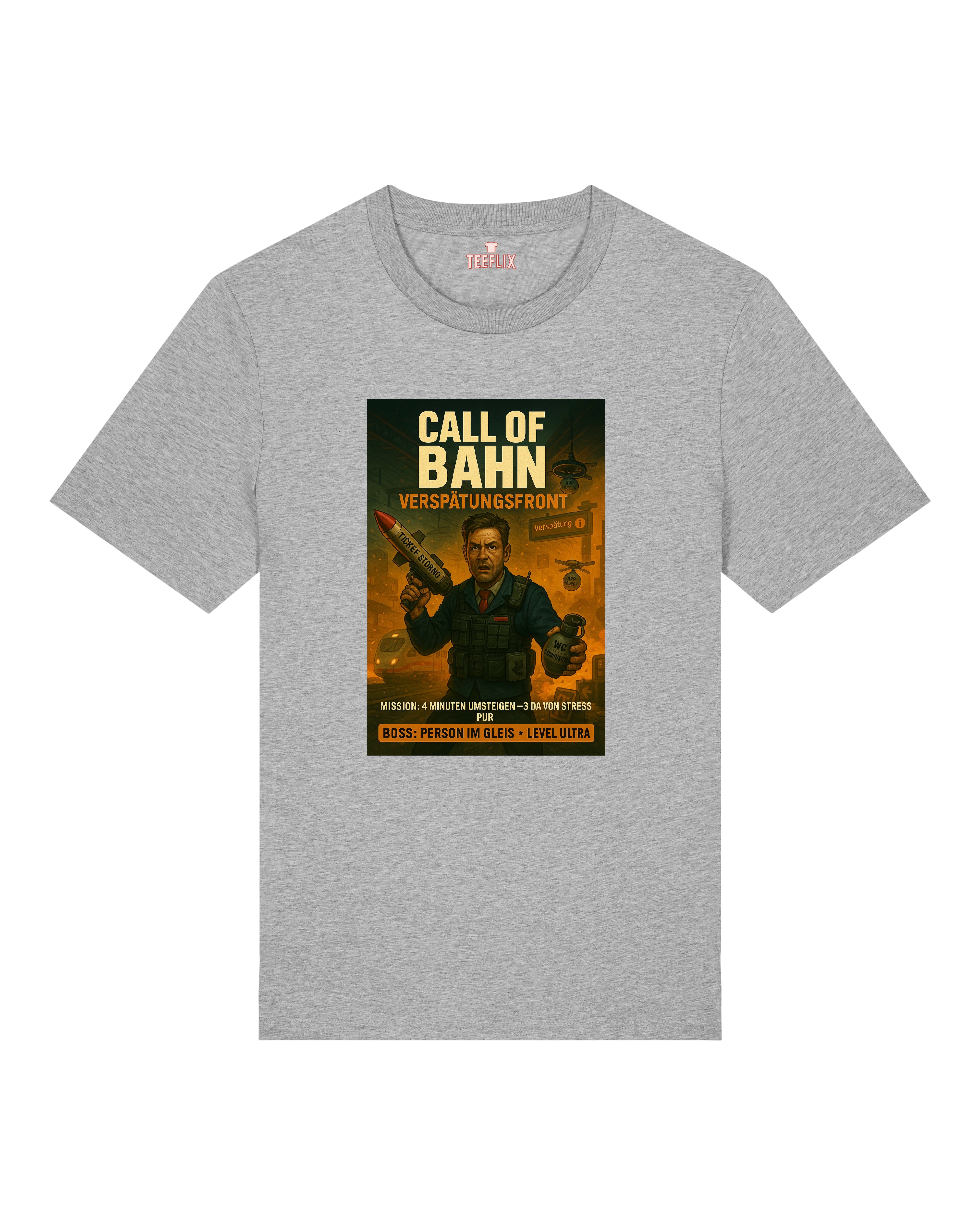 Graues T-Shirt mit „Call of Bahn – Verspätungsfront“-Motiv