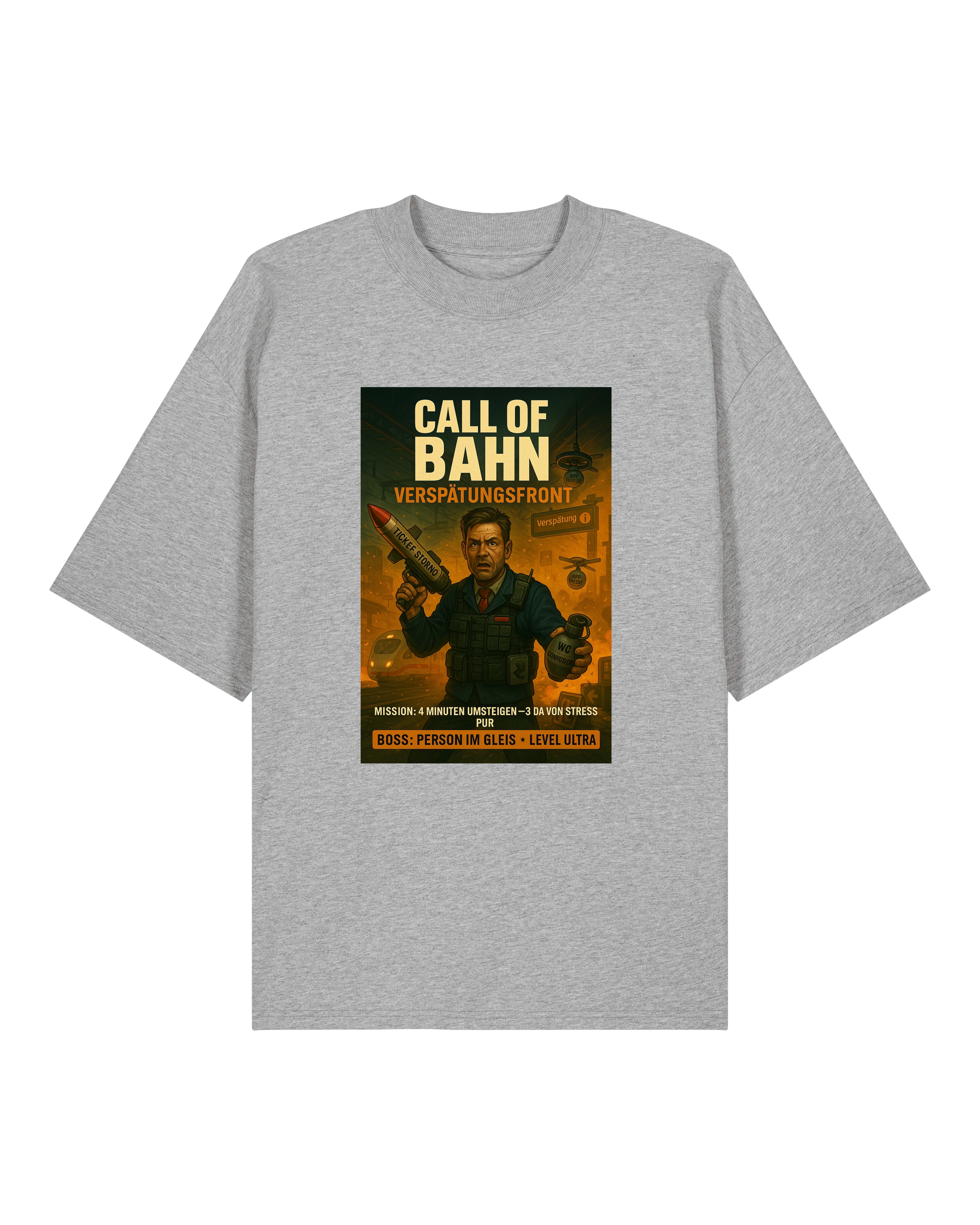Graues T-Shirt mit „Call of Bahn – Verspätungsfront“-Motiv