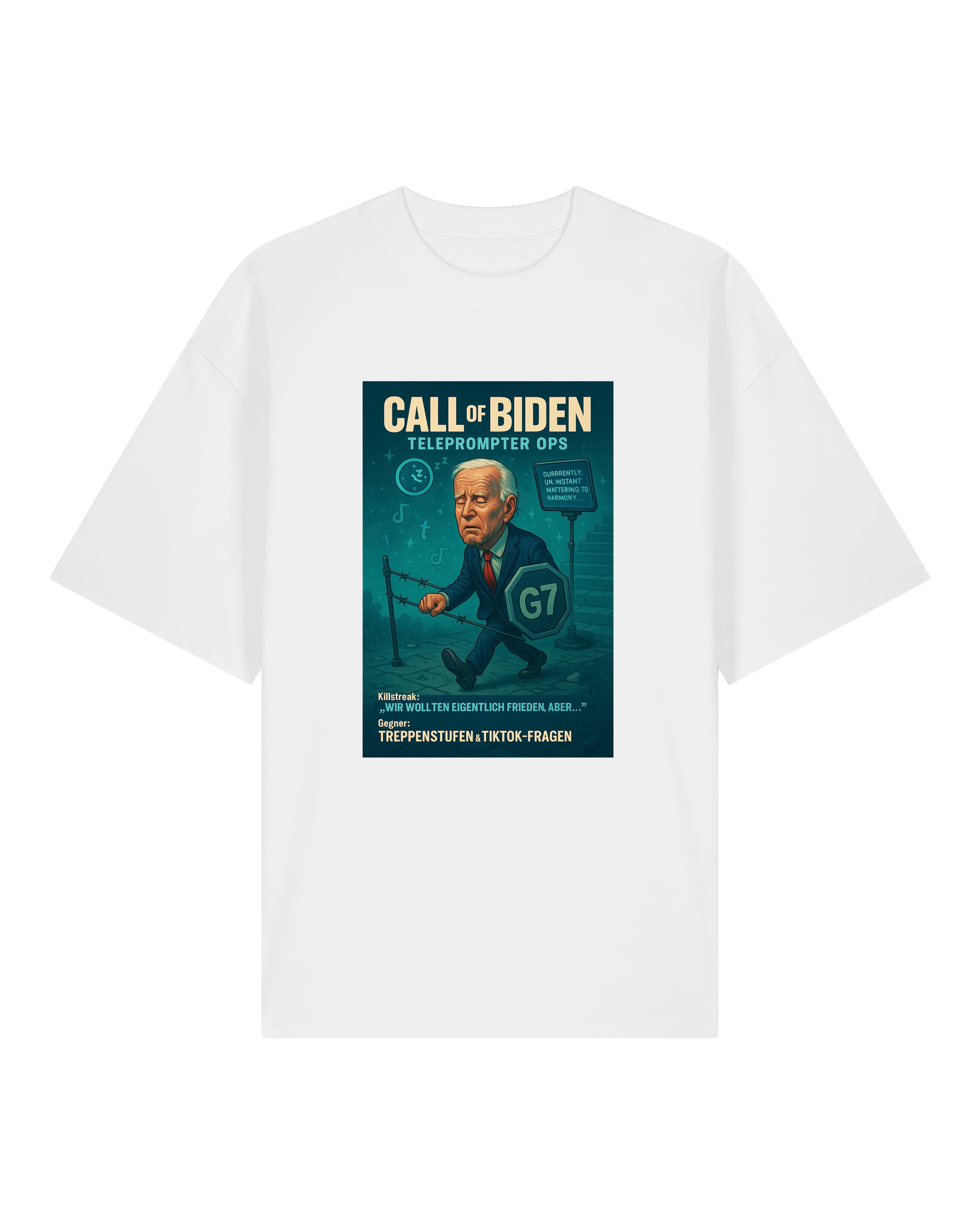 Weißes T-Shirt mit humorvollem Call of Biden Design, G7-Satire-Motiv.