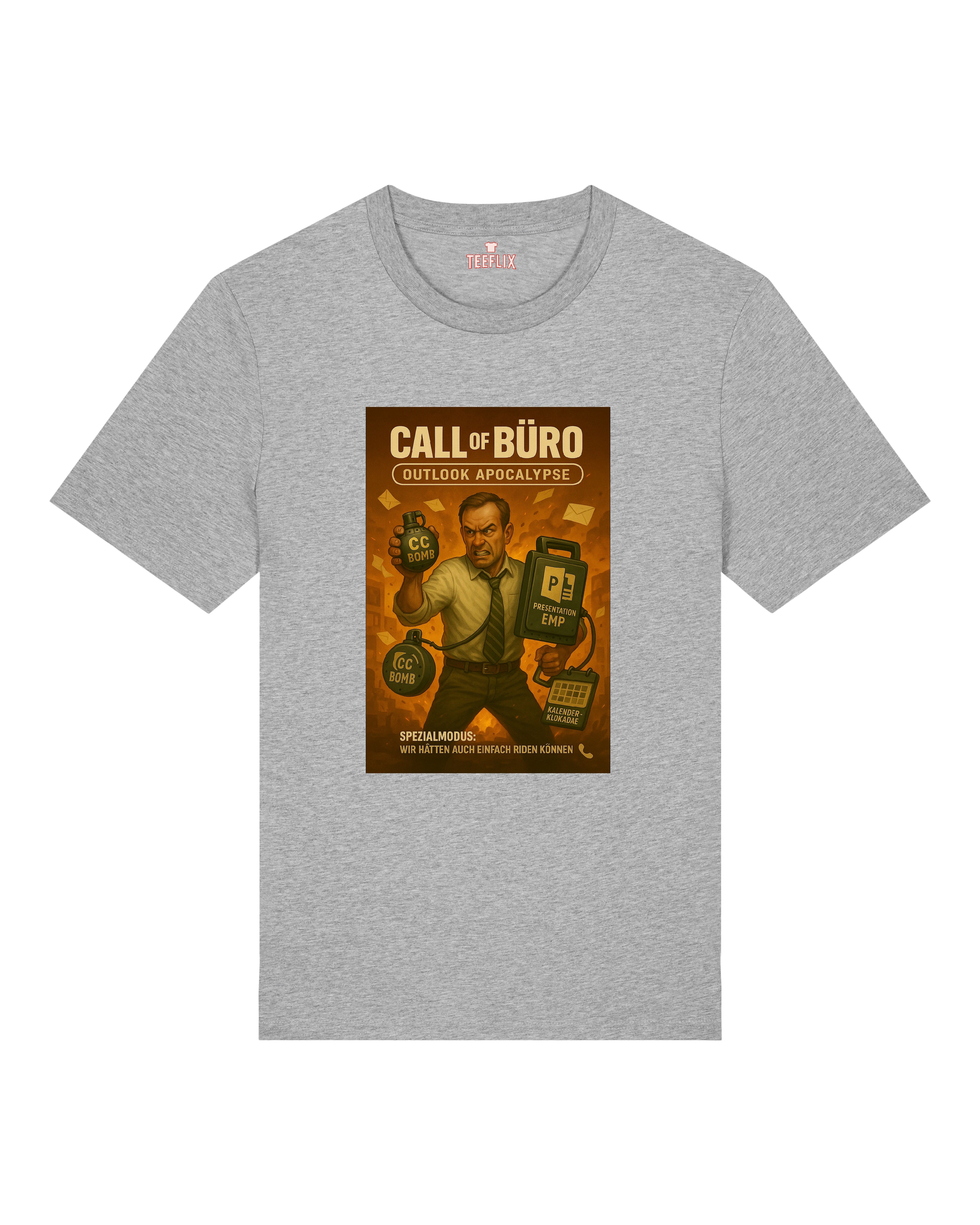 Graues Shirt mit humorvollem Parodie-Design auf den modernen Büroalltag, perfekt für Angestellte mit Humor.