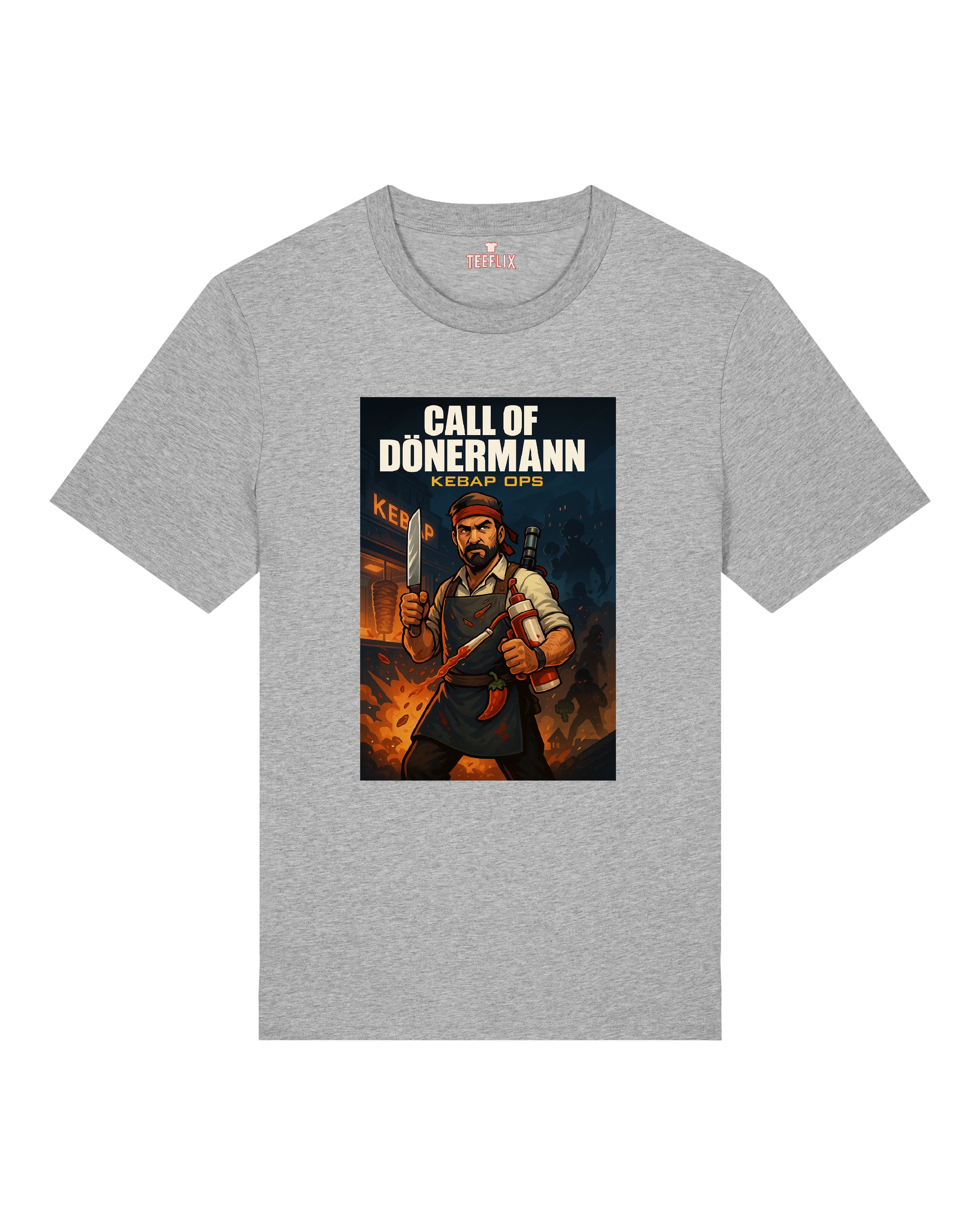 Graues Shirt mit witzigem Gaming-Print „Call of Dönermann – Kebap Ops“: stilisierte Szene mit Dönerverkäufer im Kampfmodus