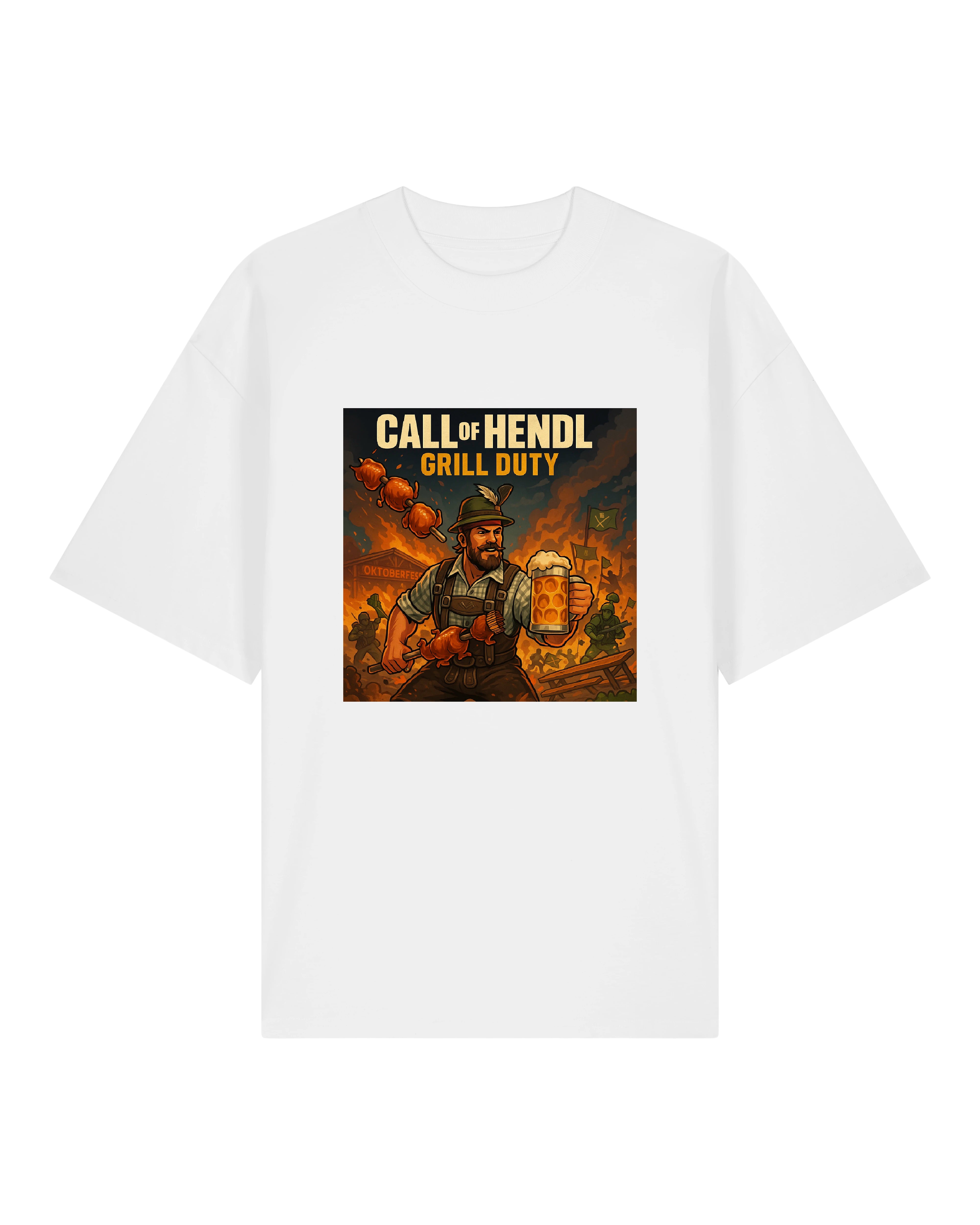 Weißes Oversized T-Shirt mit witzigem bayerischem Print „Grill Duty“, perfekt für Grillfeste und Bierliebhaber.
