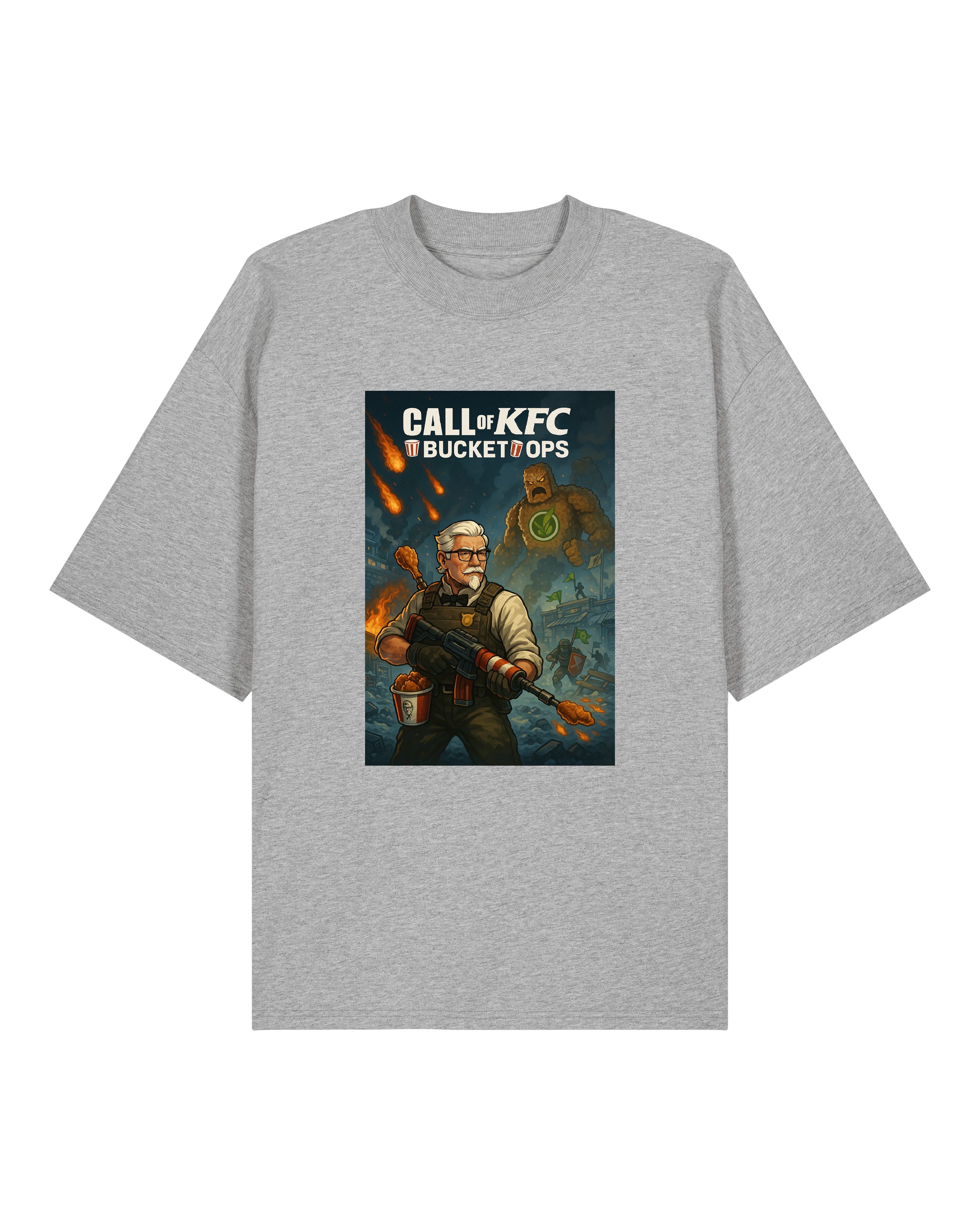 Graues Oversized-Shirt mit witzigem Fast-Food-Soldaten, bewaffnet mit Chicken Bucket und Sauce-Gewehr.
