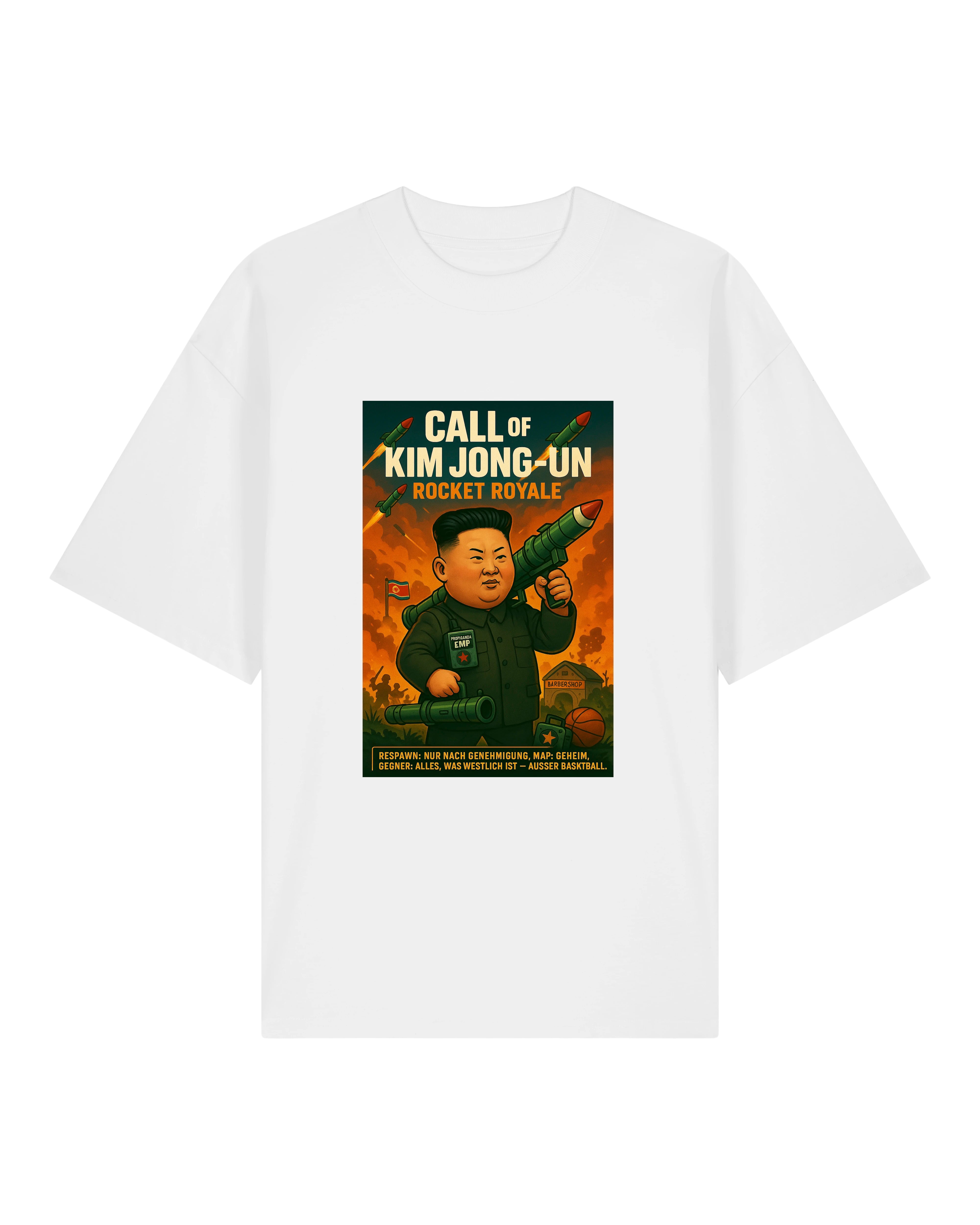 Weißes Oversized Shirt mit satirischem Kim Jong-Un Motiv und Feuerhintergrund