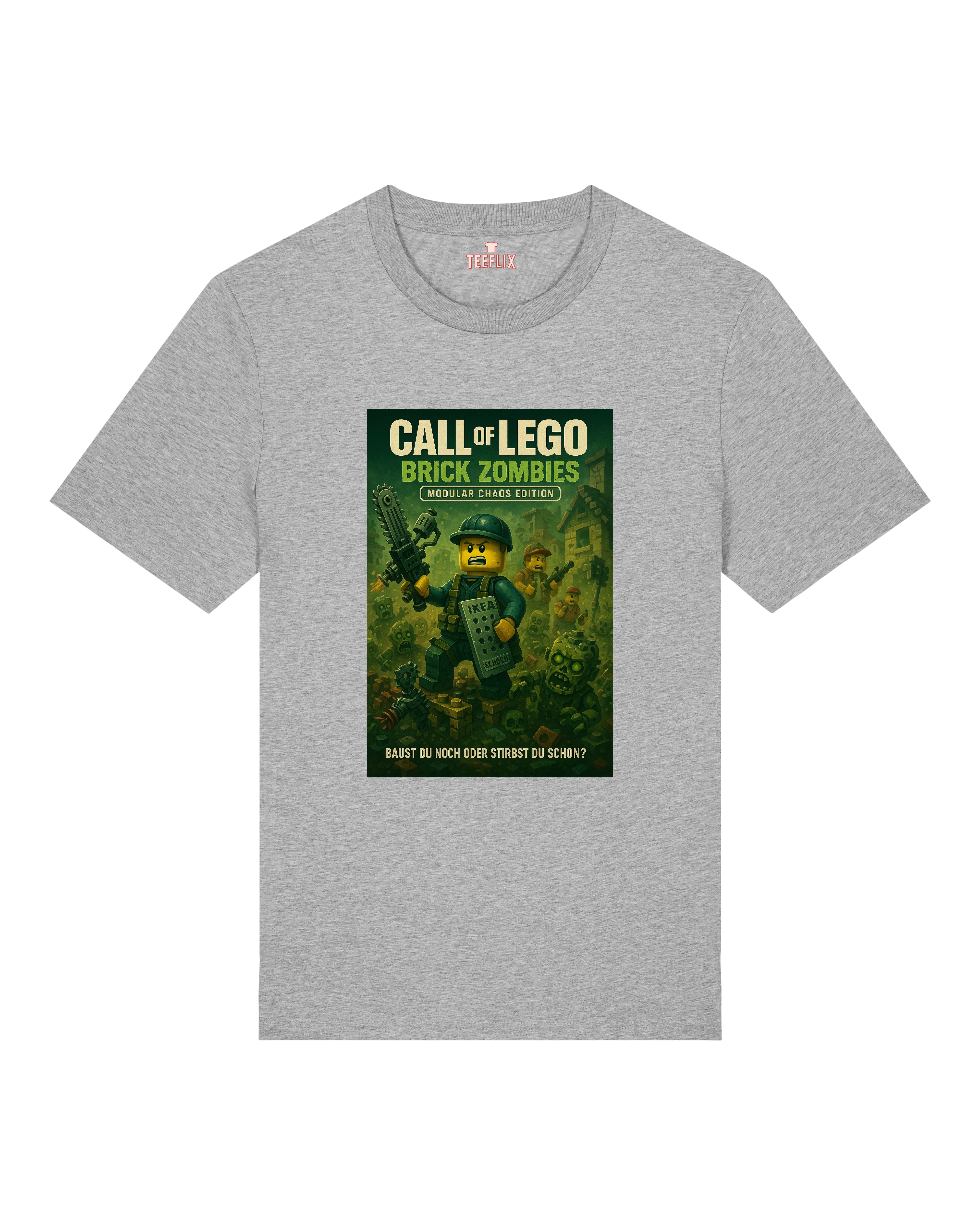 Graues T-Shirt mit „Call of LEGO“ Artwork, Zombieapokalypse im Baustein-Stil