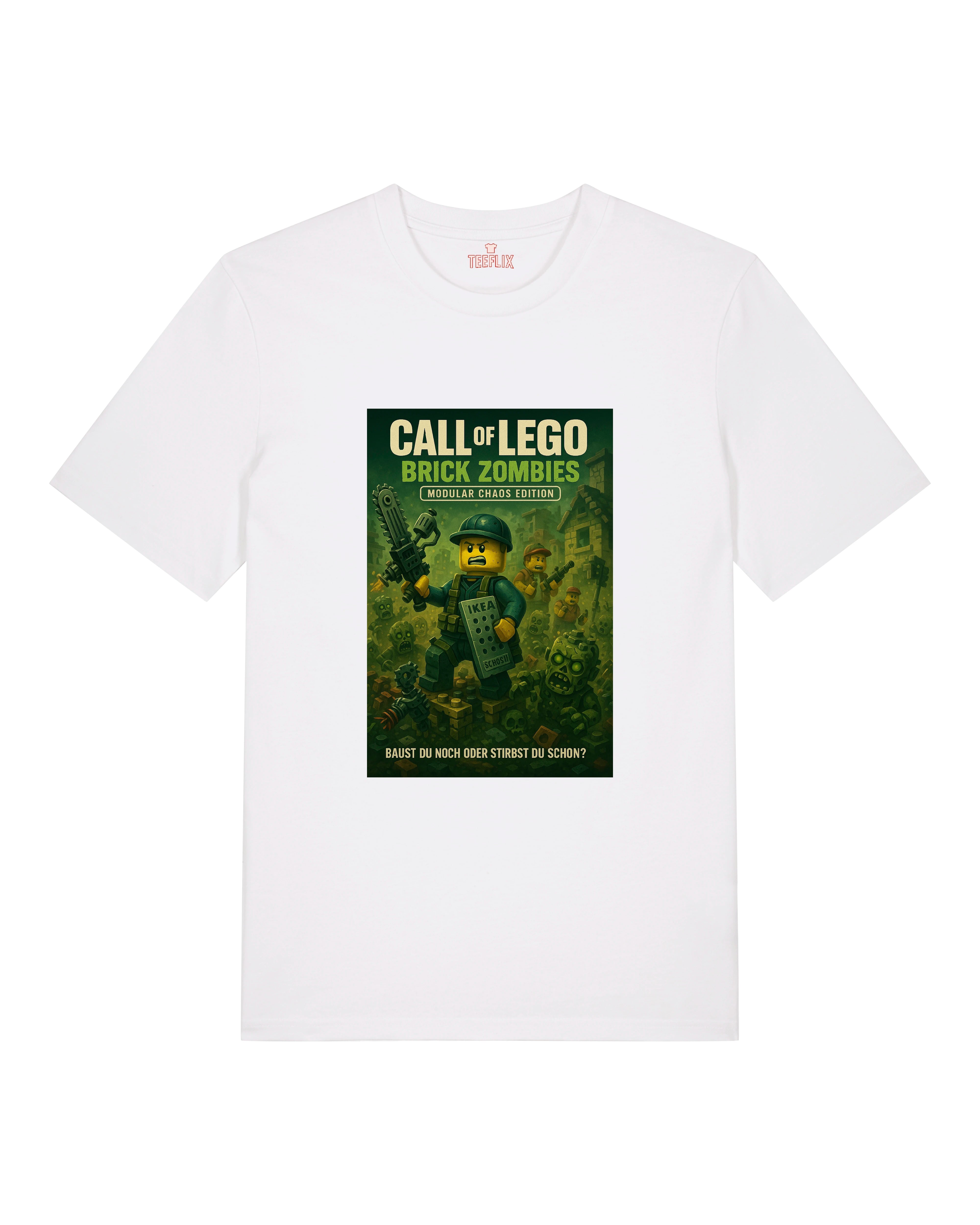 Weißes T-Shirt mit witzigem LEGO-Zombie-Motiv, ideal für Gamer und Baustein-Fans