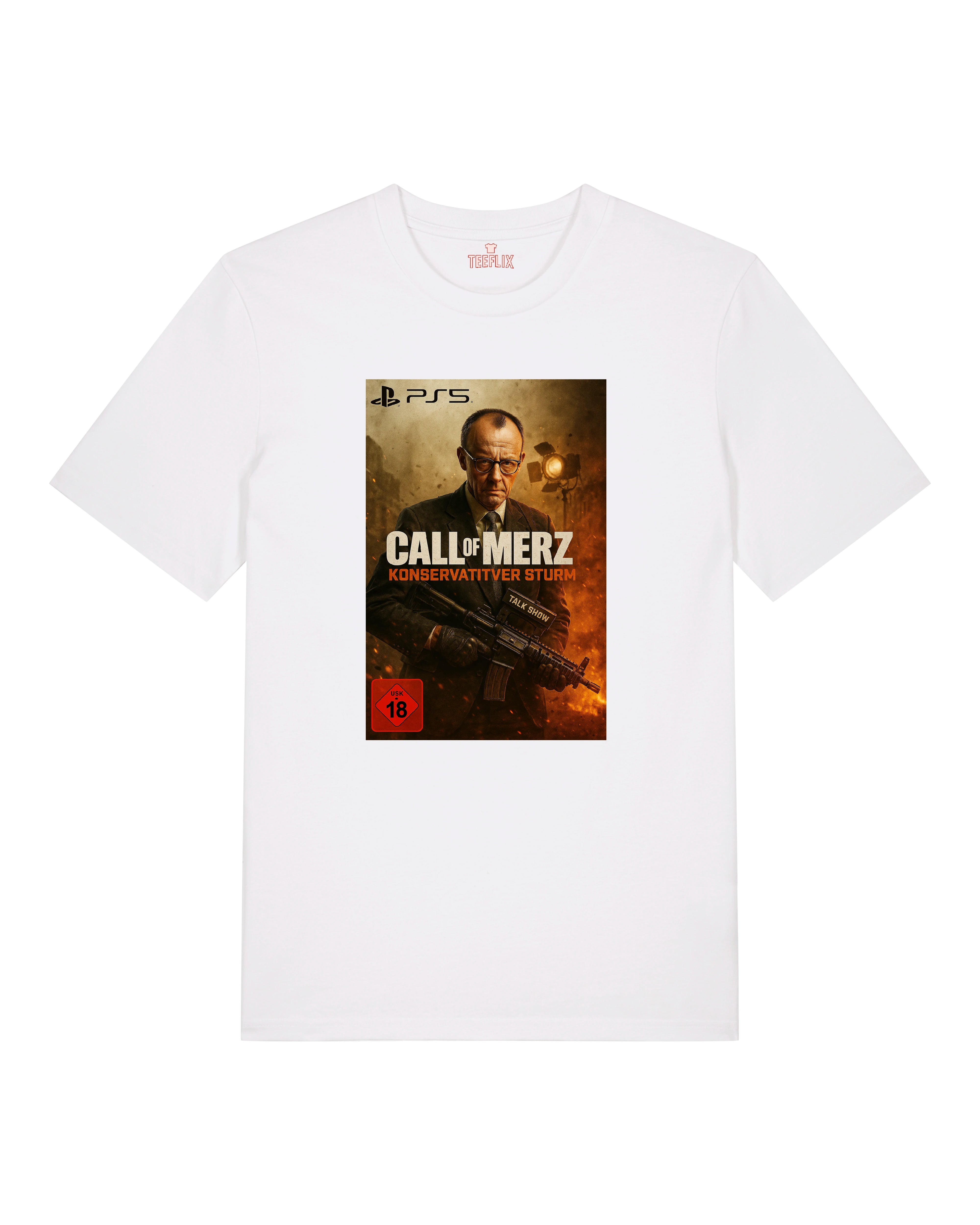 Satire T-Shirt mit Friedrich Merz Design auf weißem Hintergrund