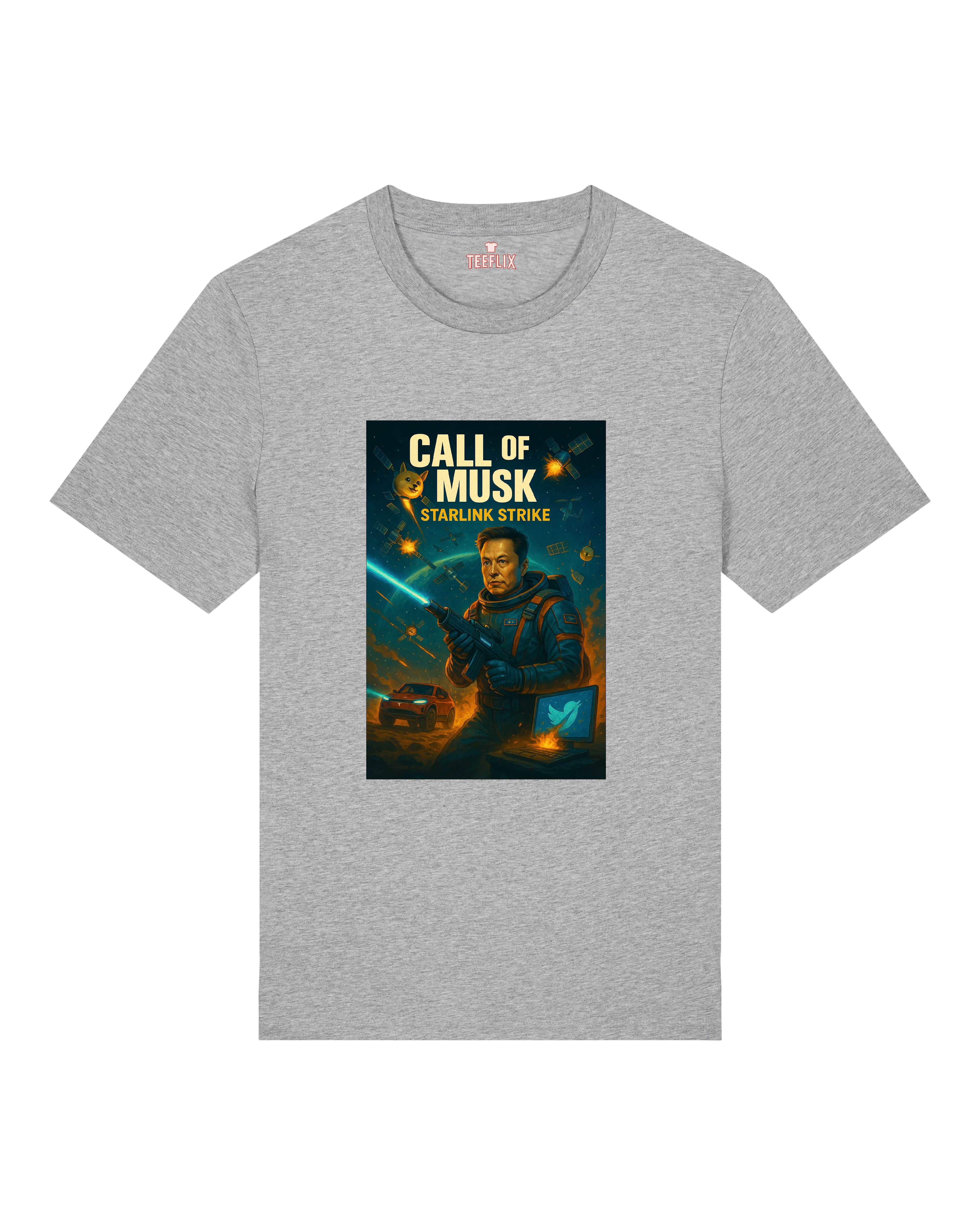 Graues T-Shirt mit futuristischem Elon Musk Motiv und Starlink-Elementen
