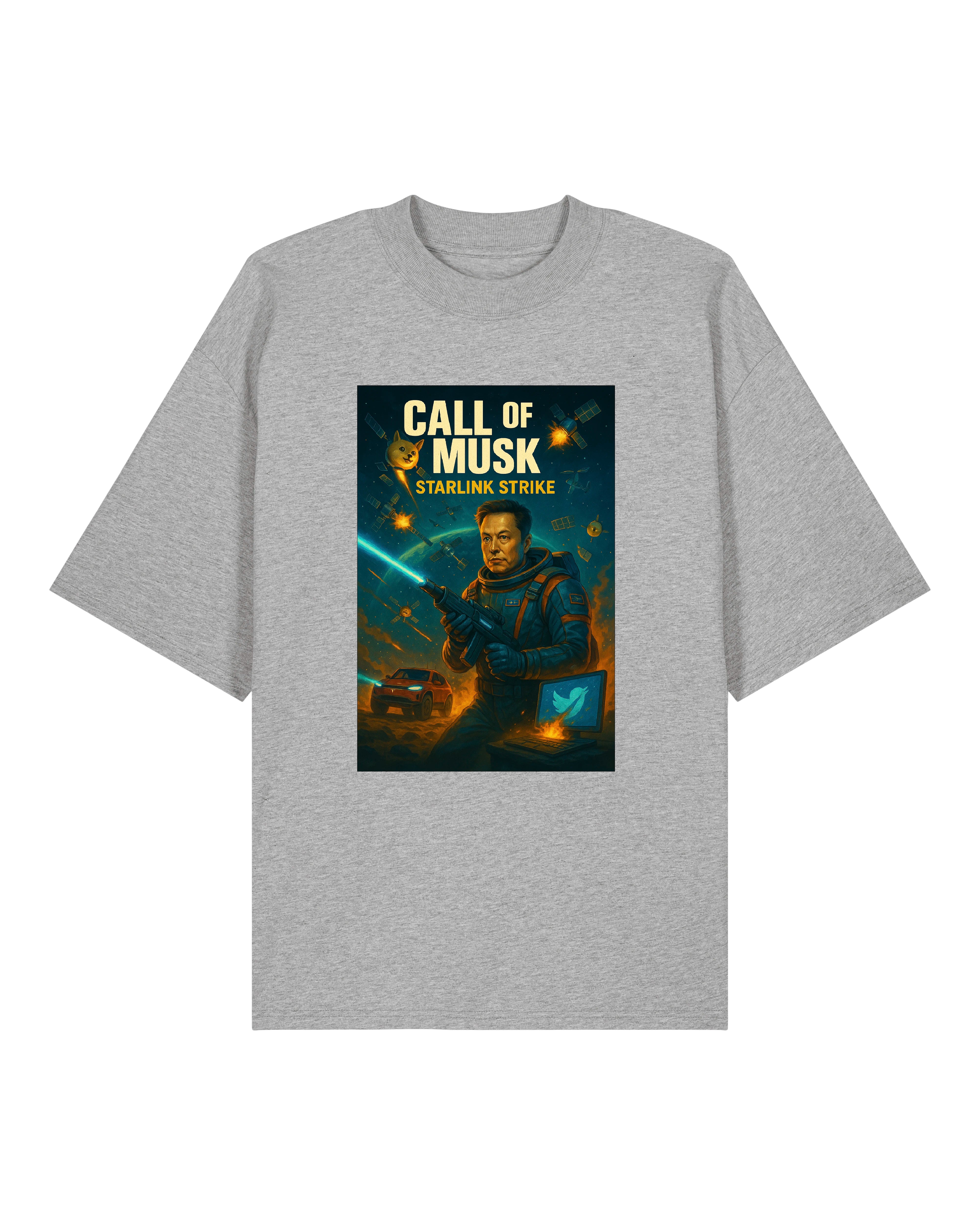 Graues T-Shirt mit futuristischem Elon Musk Motiv und Starlink-Elementen