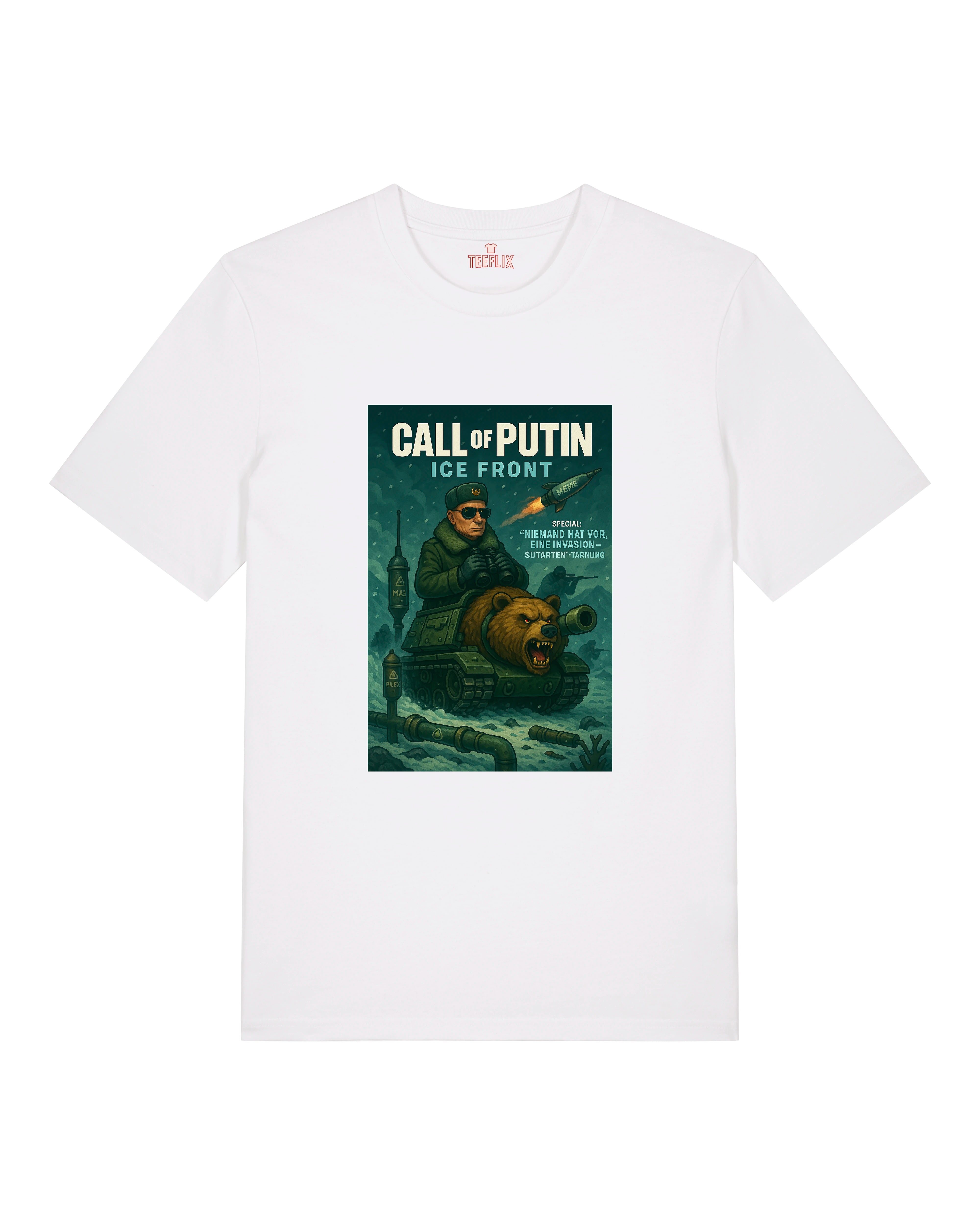 Weißes T-Shirt mit dem Design „Call of Putin – Ice Front“, zeigt Putin auf einem Panzer mit Bärenkopf im Eislandschafts-Setting.