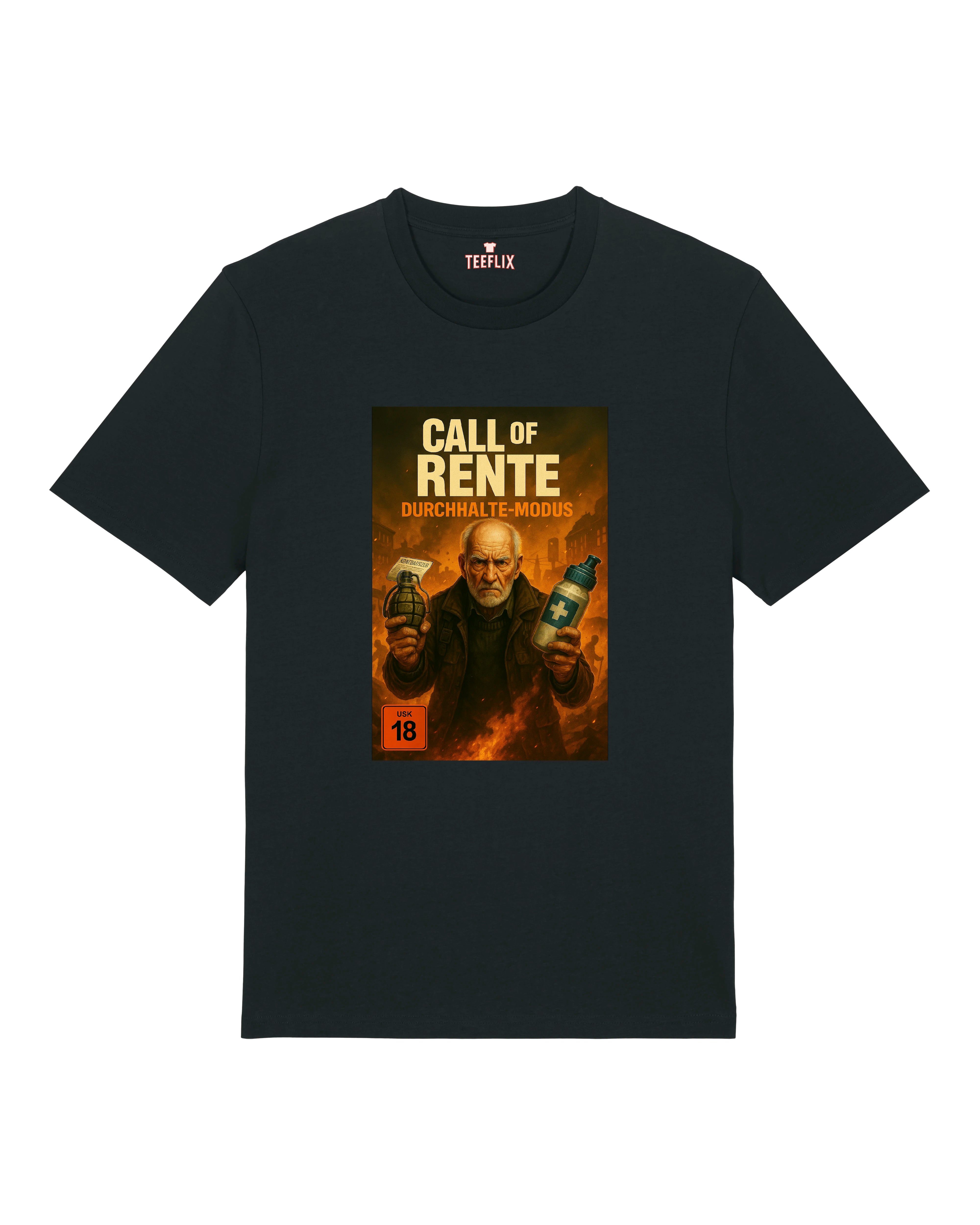 Schwarzes T-Shirt mit Call of Rente – Durchhalte-Modus Design, humorvoller Rentner im Action-Gaming-Stil