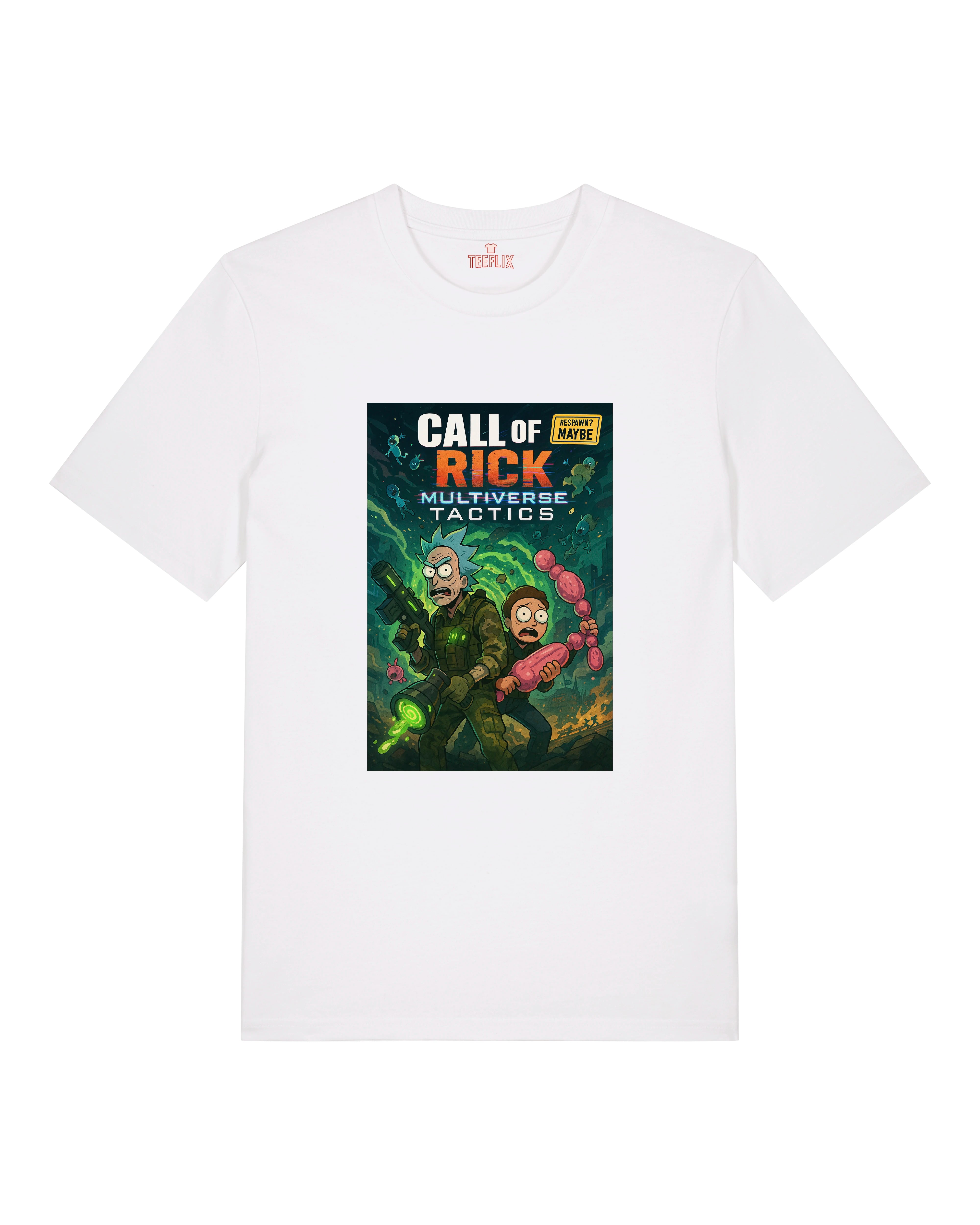 Weißes T-Shirt mit Cartoon-Design im Sci-Fi-Kriegsstil: bunte Aliens, Strahlenwaffen, Chaos.