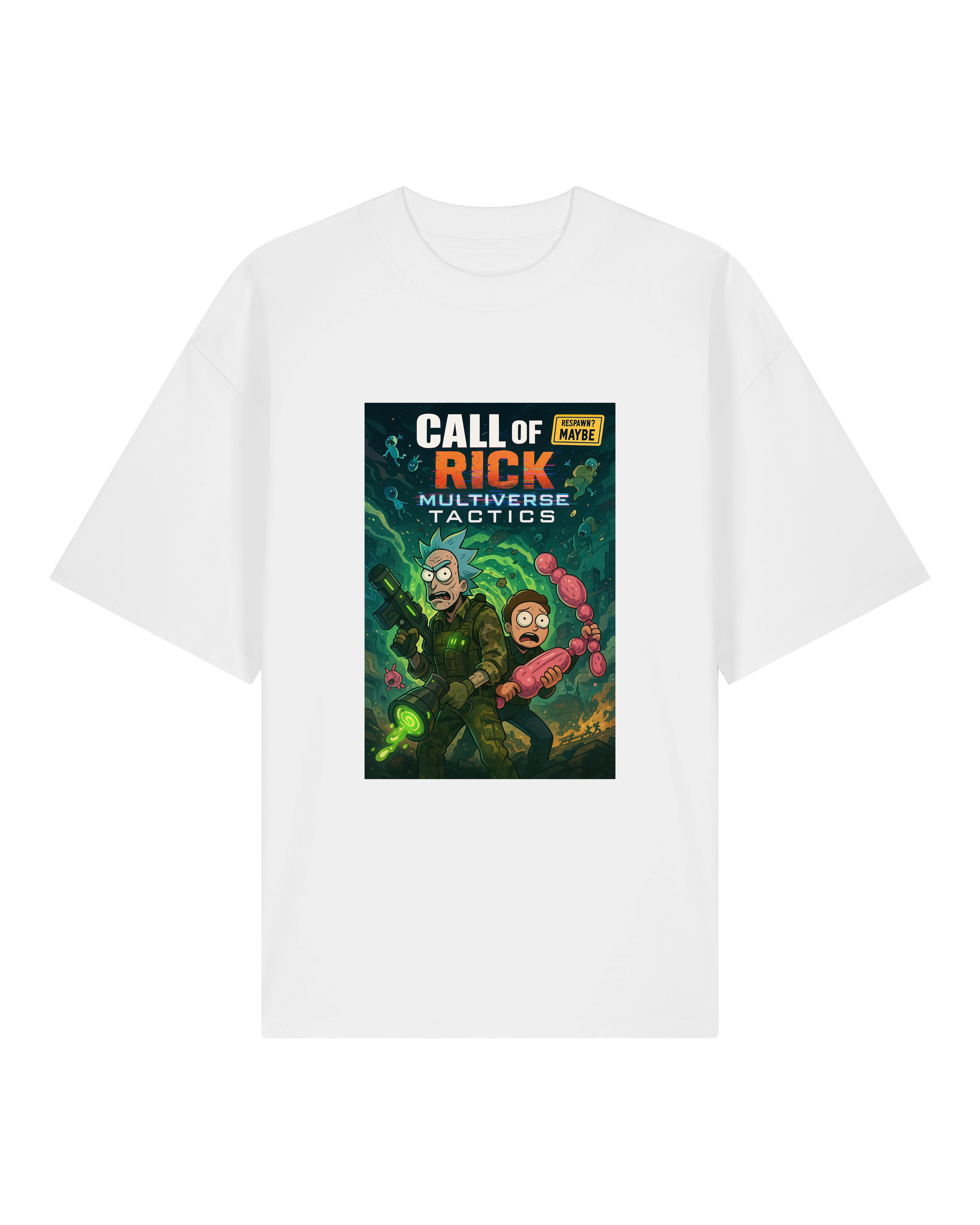 Weißes T-Shirt mit Cartoon-Design im Sci-Fi-Kriegsstil: bunte Aliens, Strahlenwaffen, Chaos.