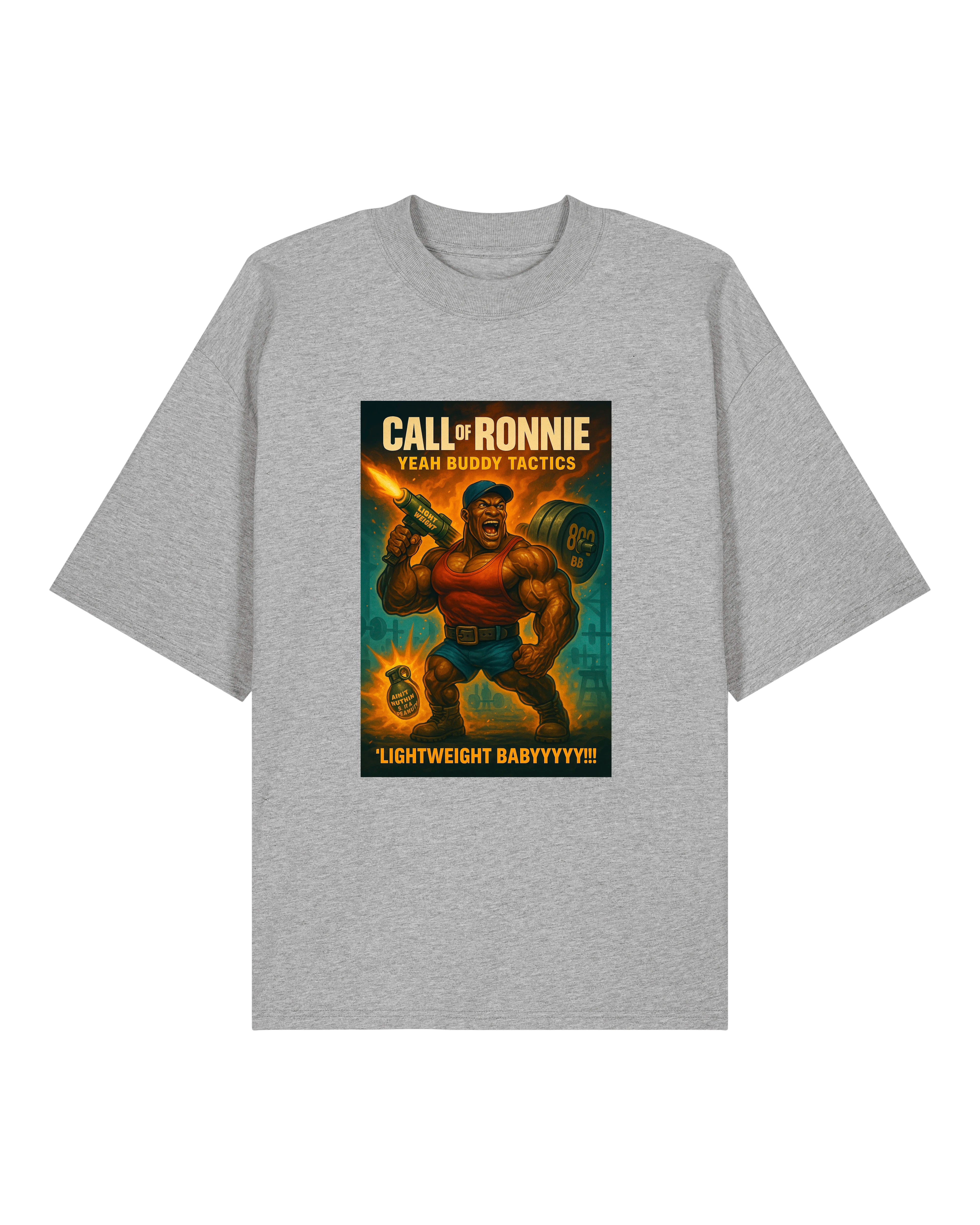 Graues T-Shirt mit heroischem Ronnie-Comicdruck und dem Slogan „Lightweight Babyyyyy!!“