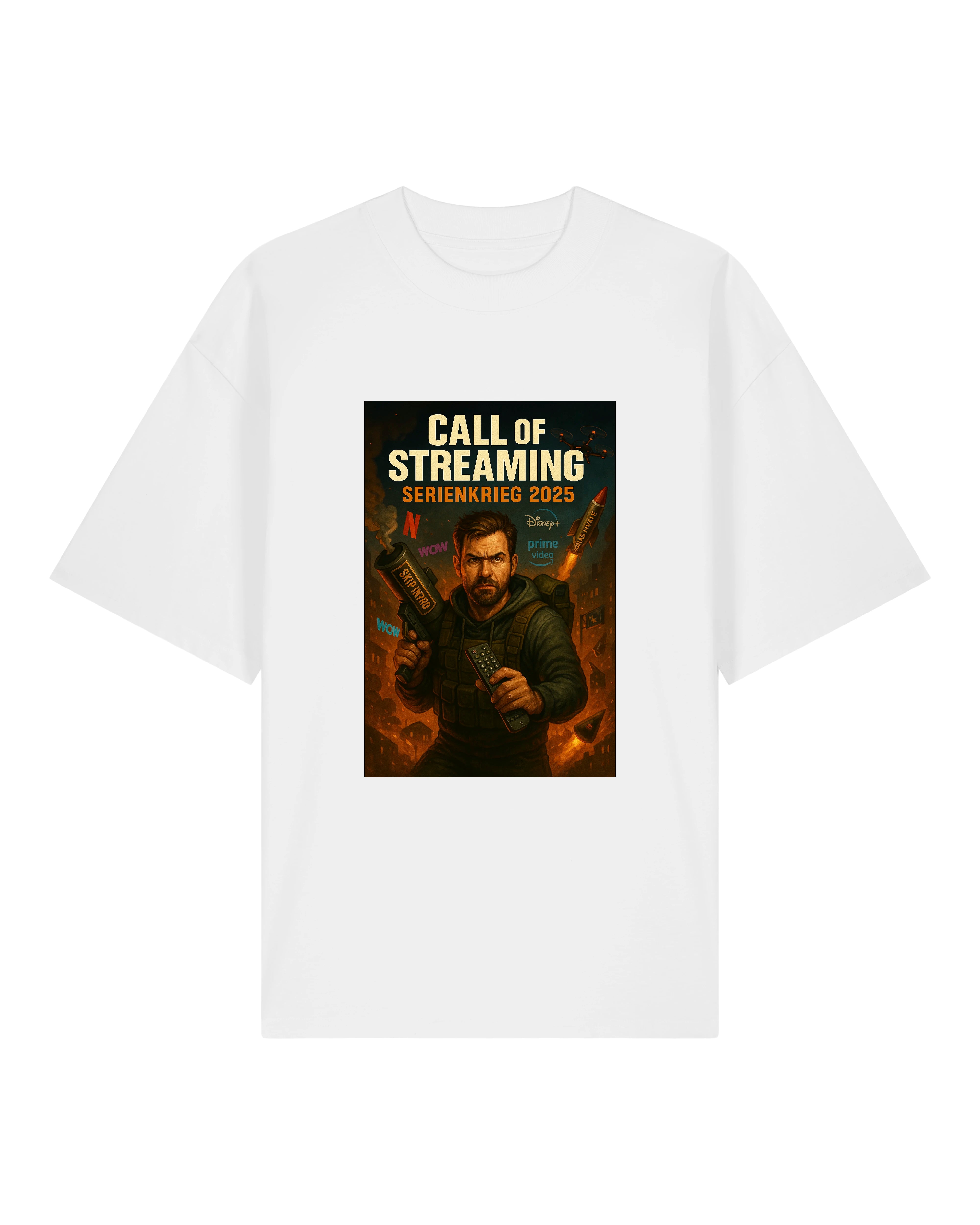 Weißes Shirt mit Comicmotiv: Actionfigur im Streamingkrieg gegen Logos wie Netflix, Prime Video, WOW, Disney+.