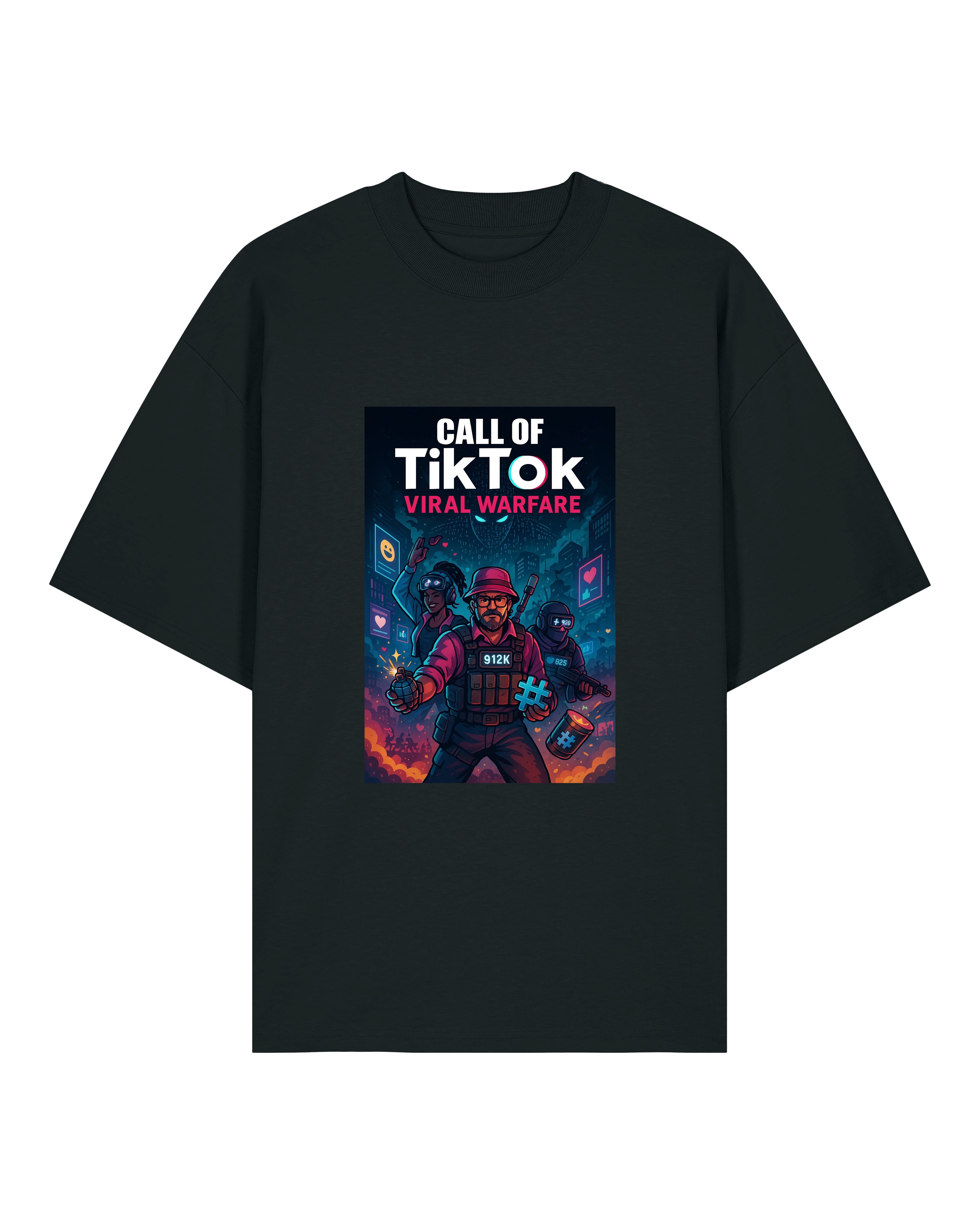 Schwarzes T-Shirt mit futuristischem „Call of TikTok – Viral Warfare“-Design, zeigt Einsatzteam mit Hashtag-Granate in Neonfarben.